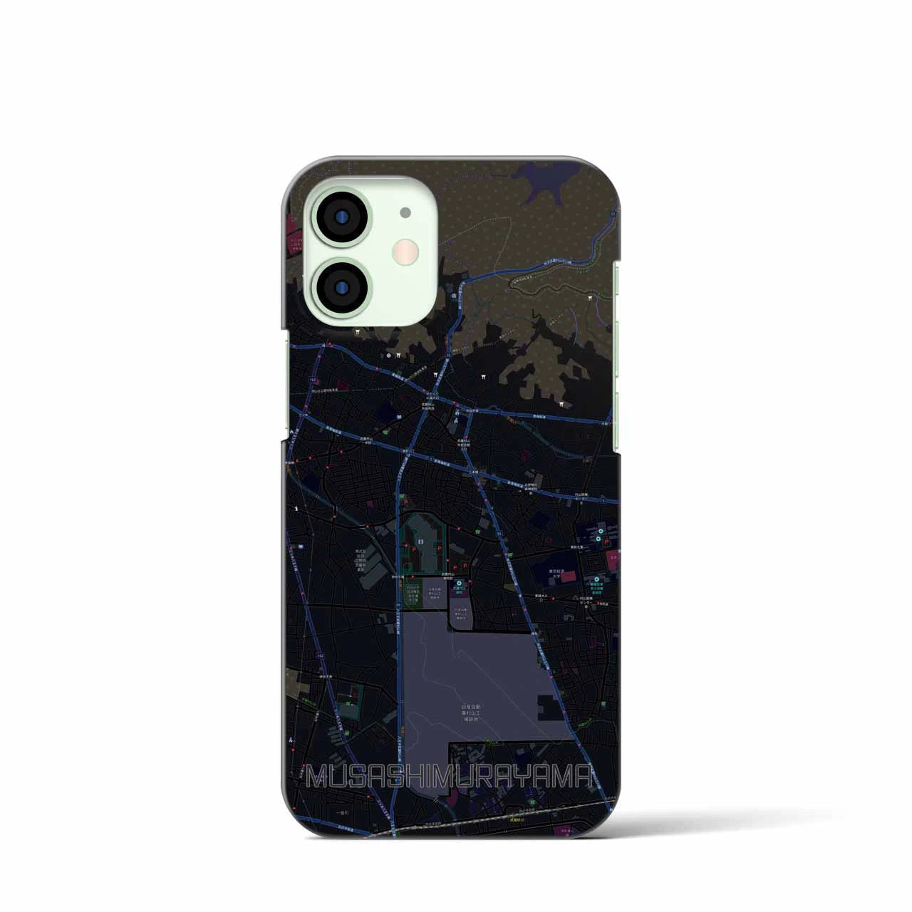 【武蔵村山】地図柄iPhoneケース（バックカバータイプ・ブラック）iPhone 12 mini 用
