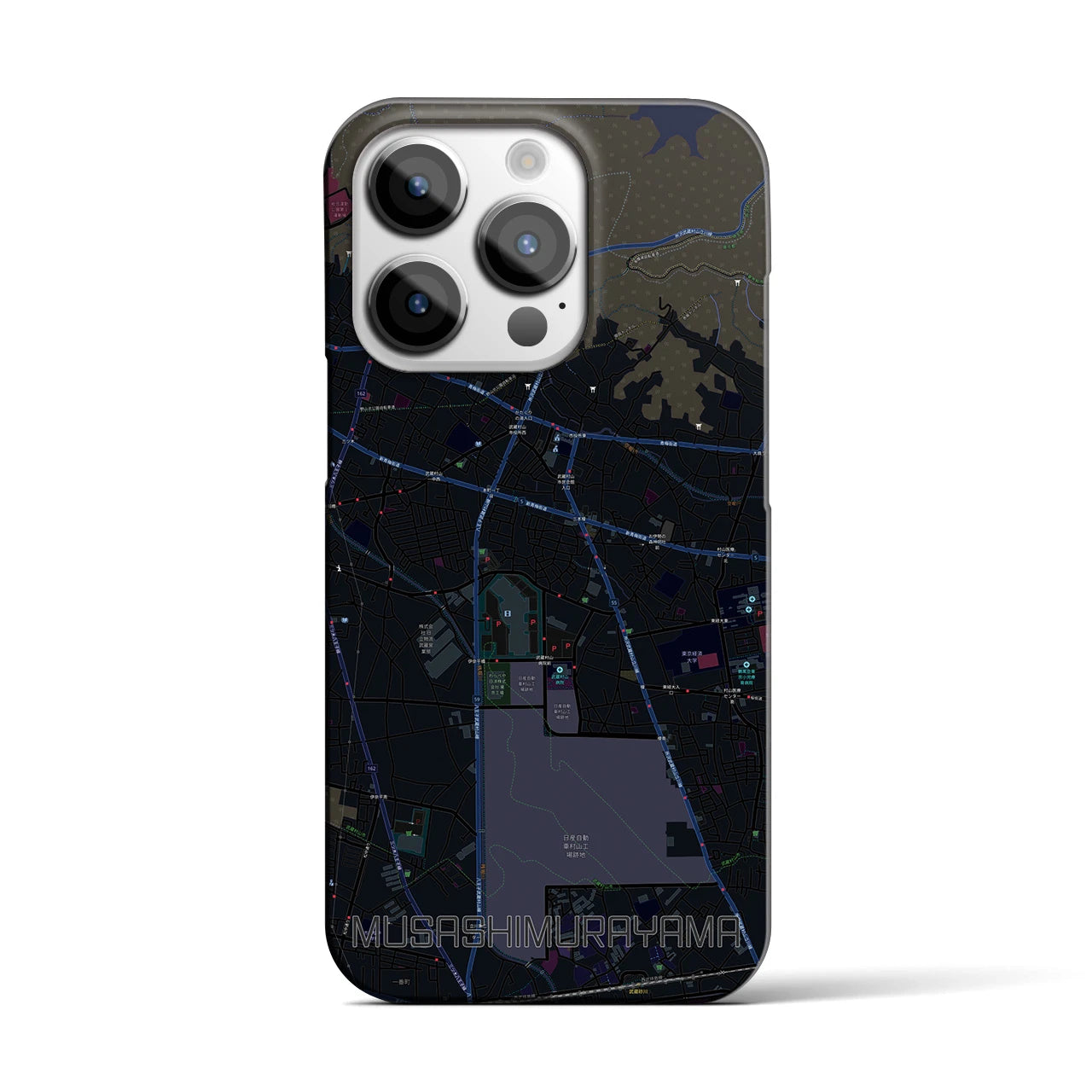 【武蔵村山】地図柄iPhoneケース（バックカバータイプ・ブラック）iPhone 14 Pro 用