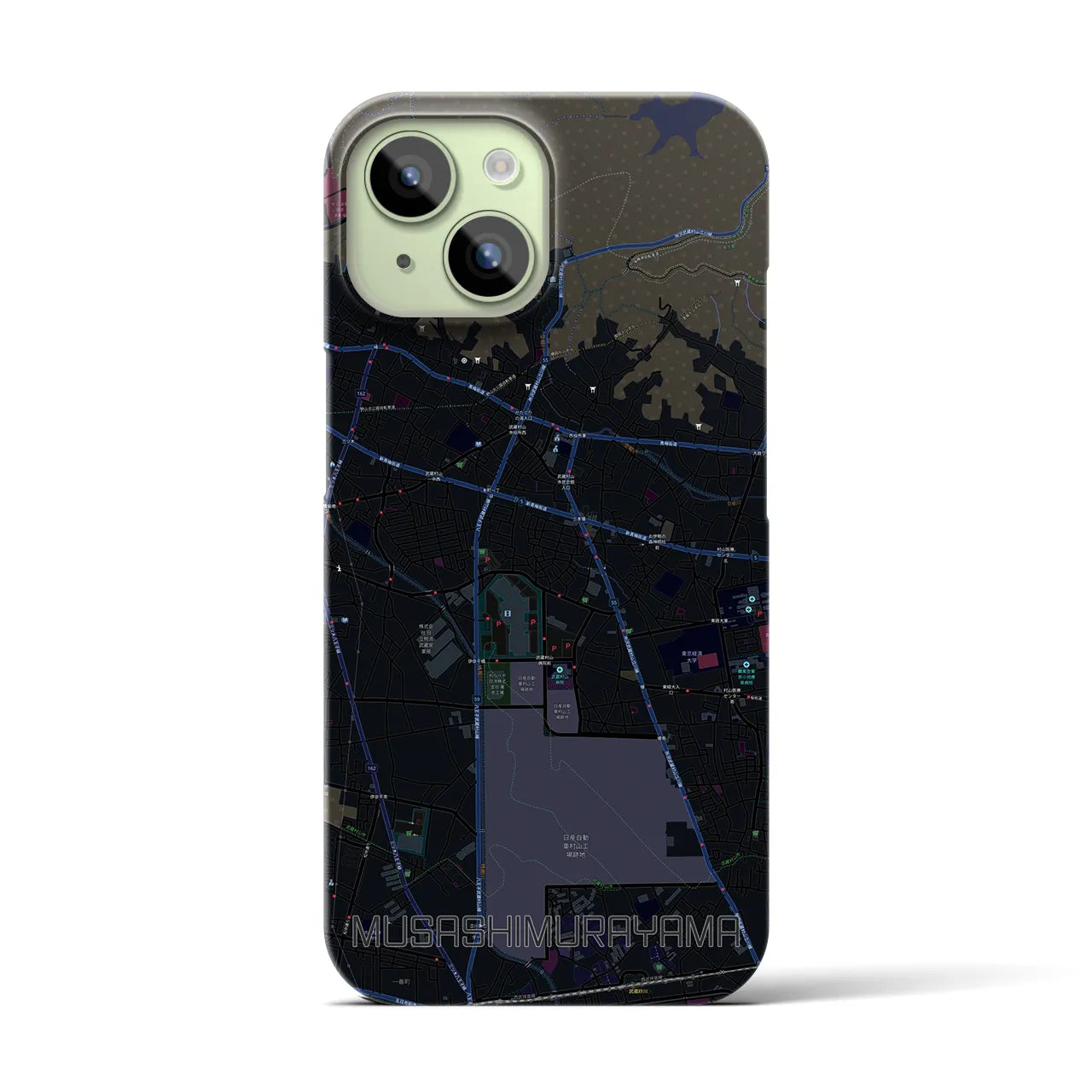 【武蔵村山】地図柄iPhoneケース（バックカバータイプ・ブラック）iPhone 15 用