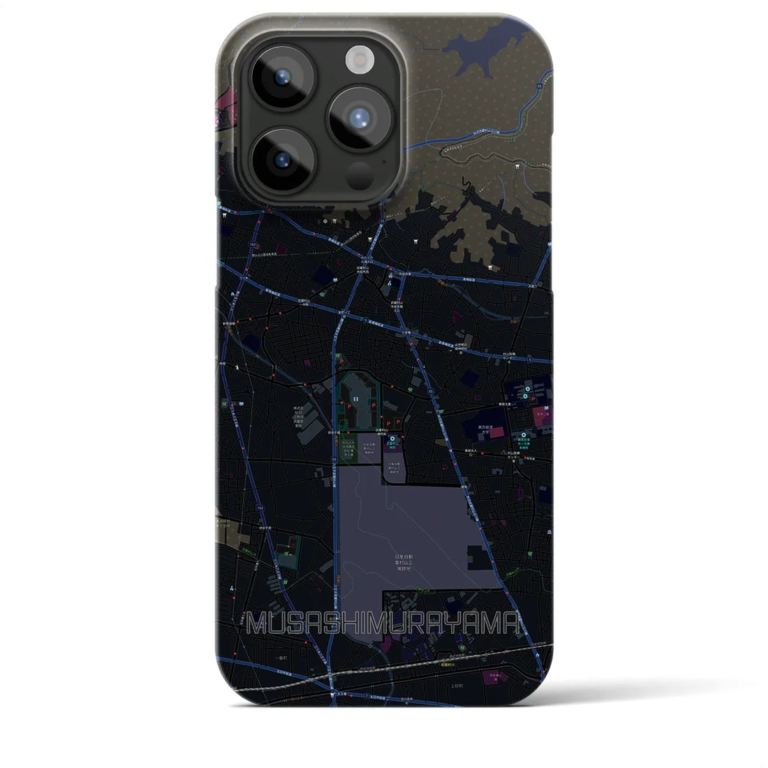 【武蔵村山】地図柄iPhoneケース（バックカバータイプ・ブラック）iPhone 15 Pro Max 用
