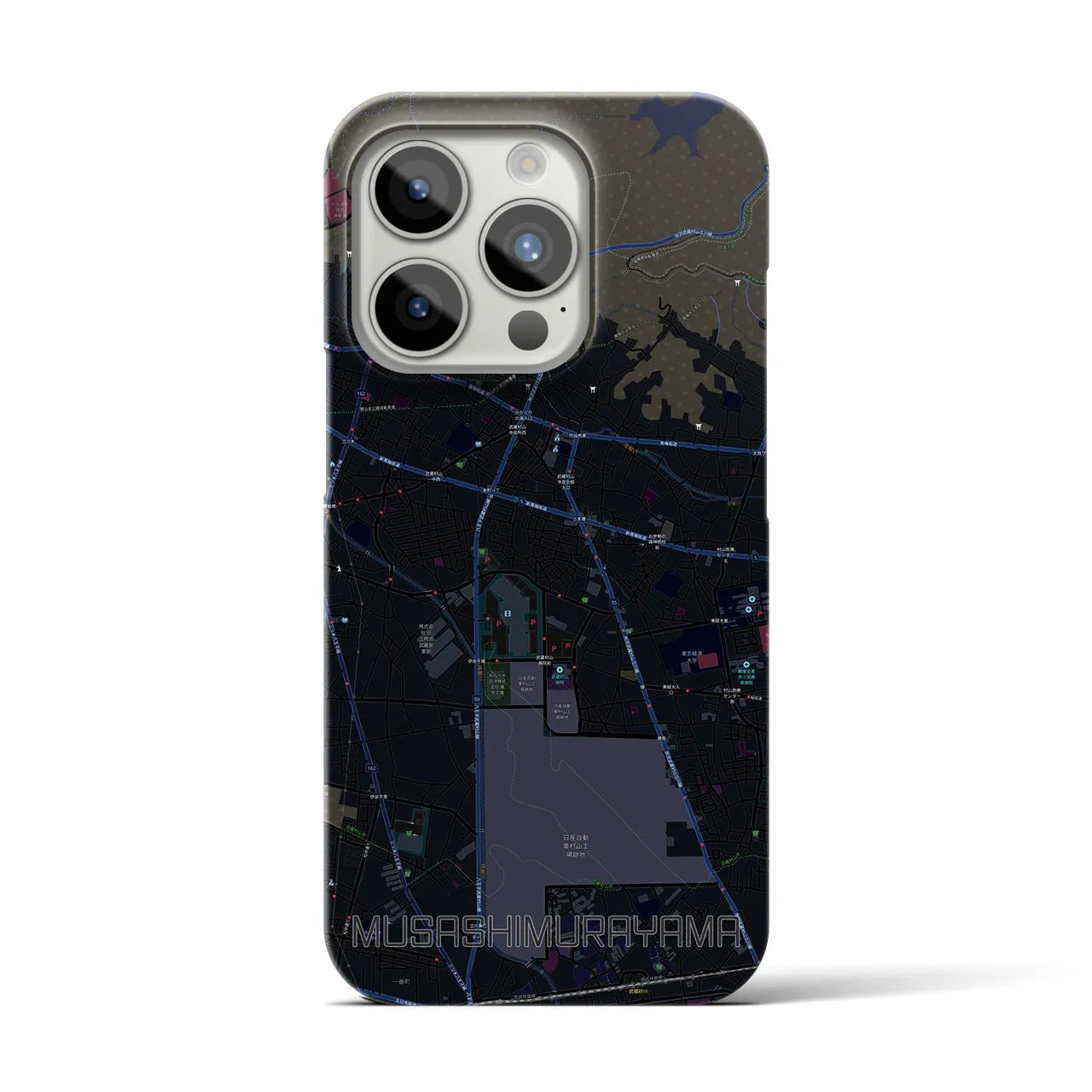 【武蔵村山】地図柄iPhoneケース（バックカバータイプ・ブラック）iPhone 15 Pro 用