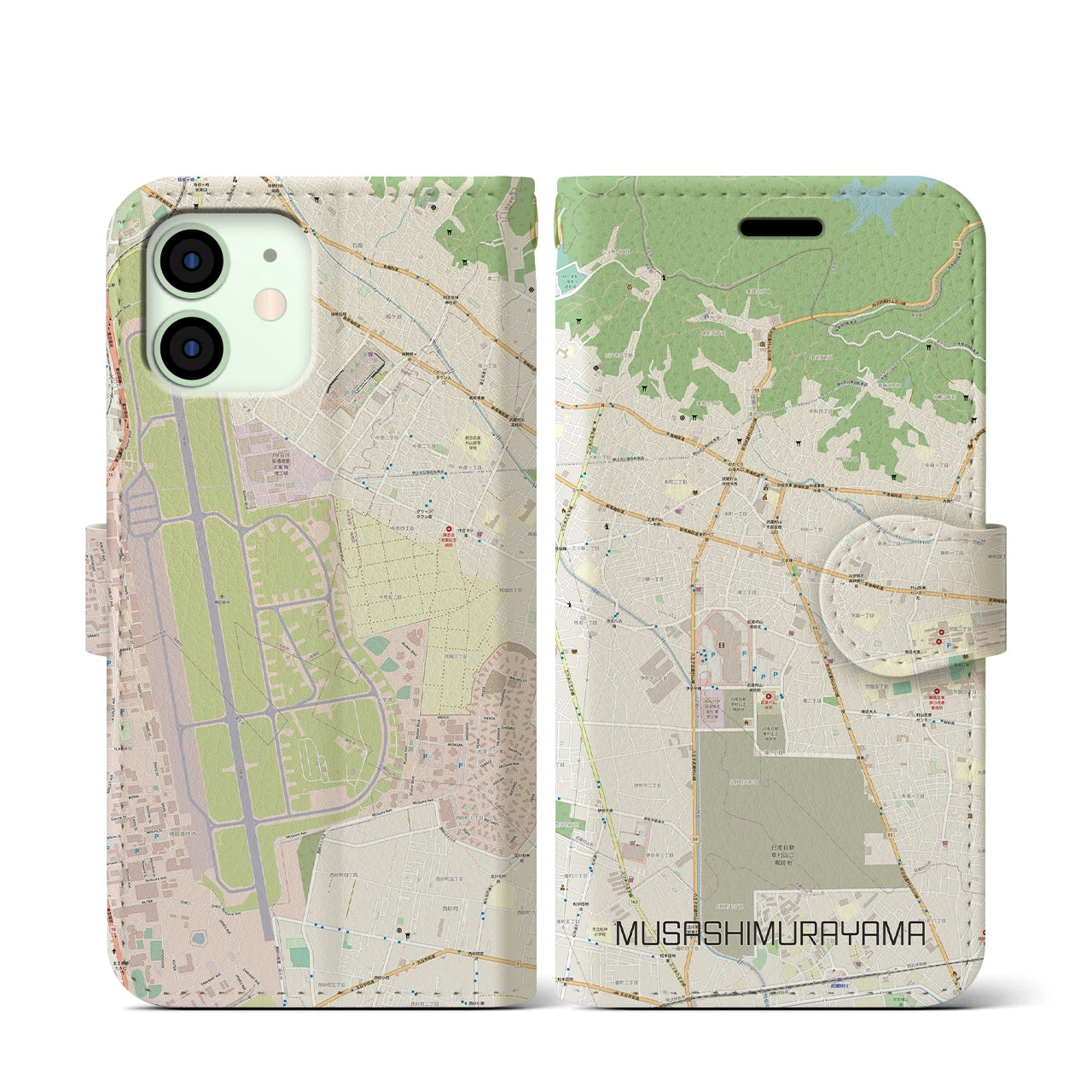 【武蔵村山】地図柄iPhoneケース（手帳両面タイプ・ナチュラル）iPhone 12 mini 用