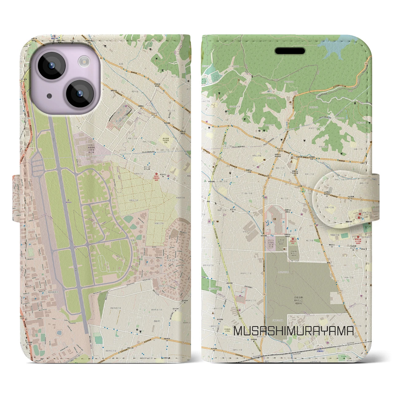 【武蔵村山】地図柄iPhoneケース（手帳両面タイプ・ナチュラル）iPhone 14 用