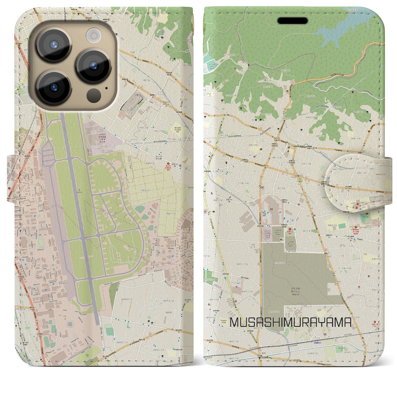 【武蔵村山】地図柄iPhoneケース（手帳両面タイプ・ナチュラル）iPhone 14 Pro Max 用