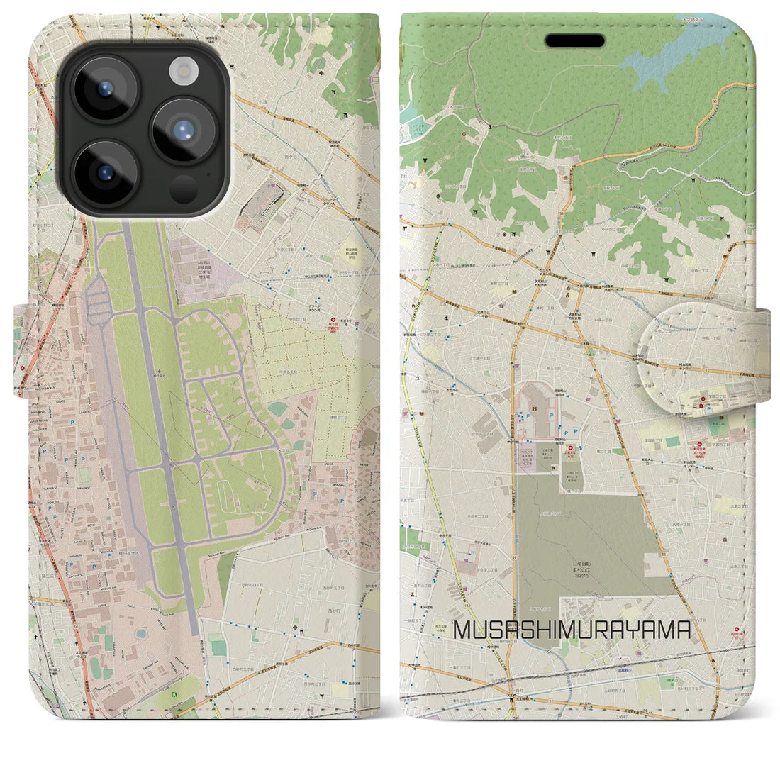 【武蔵村山】地図柄iPhoneケース（手帳両面タイプ・ナチュラル）iPhone 15 Pro Max 用