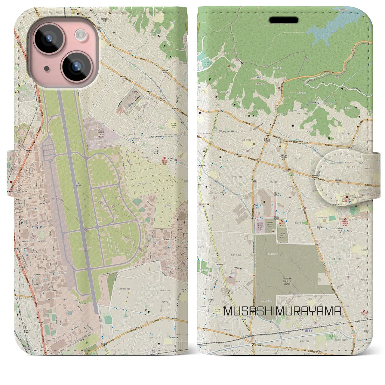 【武蔵村山】地図柄iPhoneケース（手帳両面タイプ・ナチュラル）iPhone 15 Plus 用