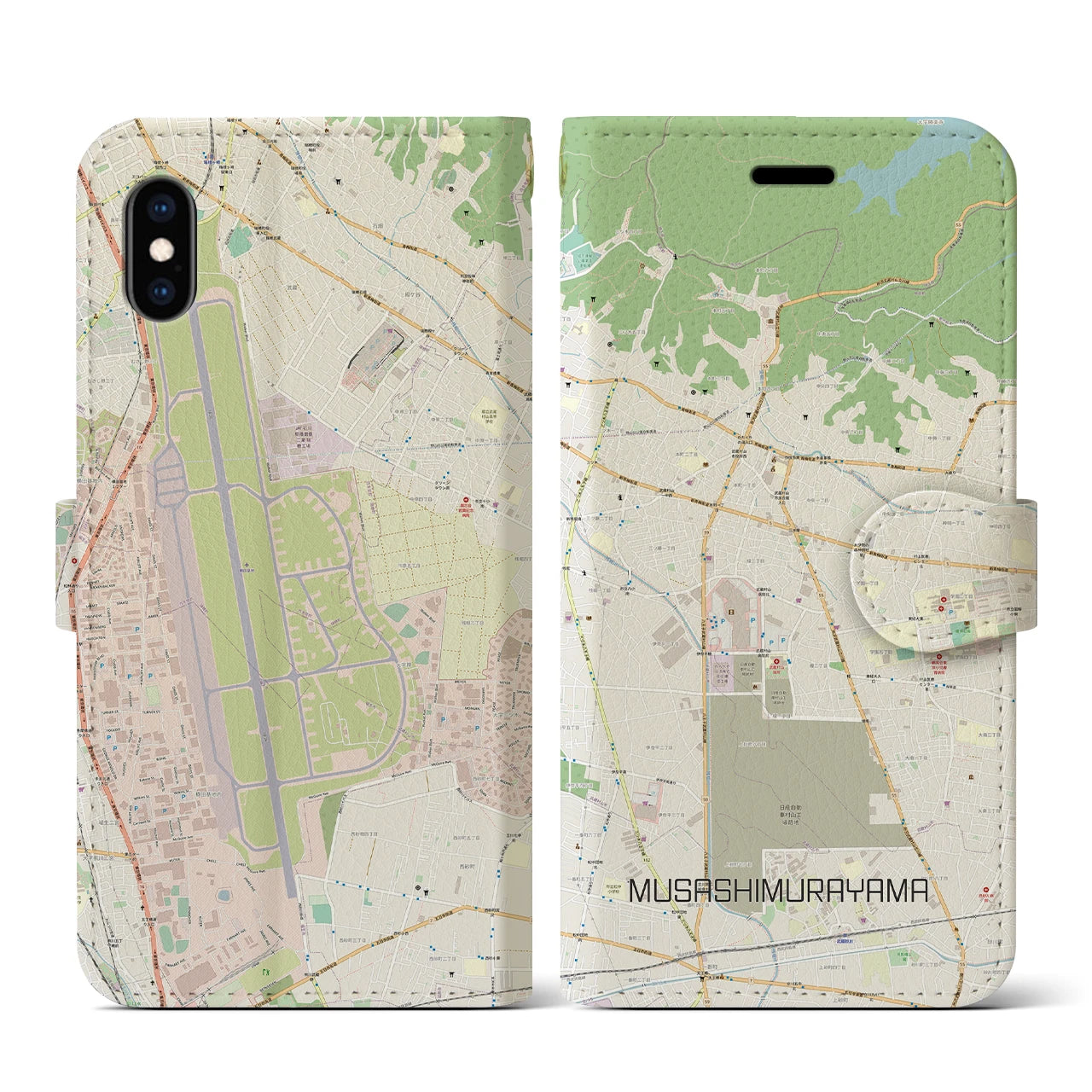 【武蔵村山】地図柄iPhoneケース（手帳両面タイプ・ナチュラル）iPhone XS / X 用