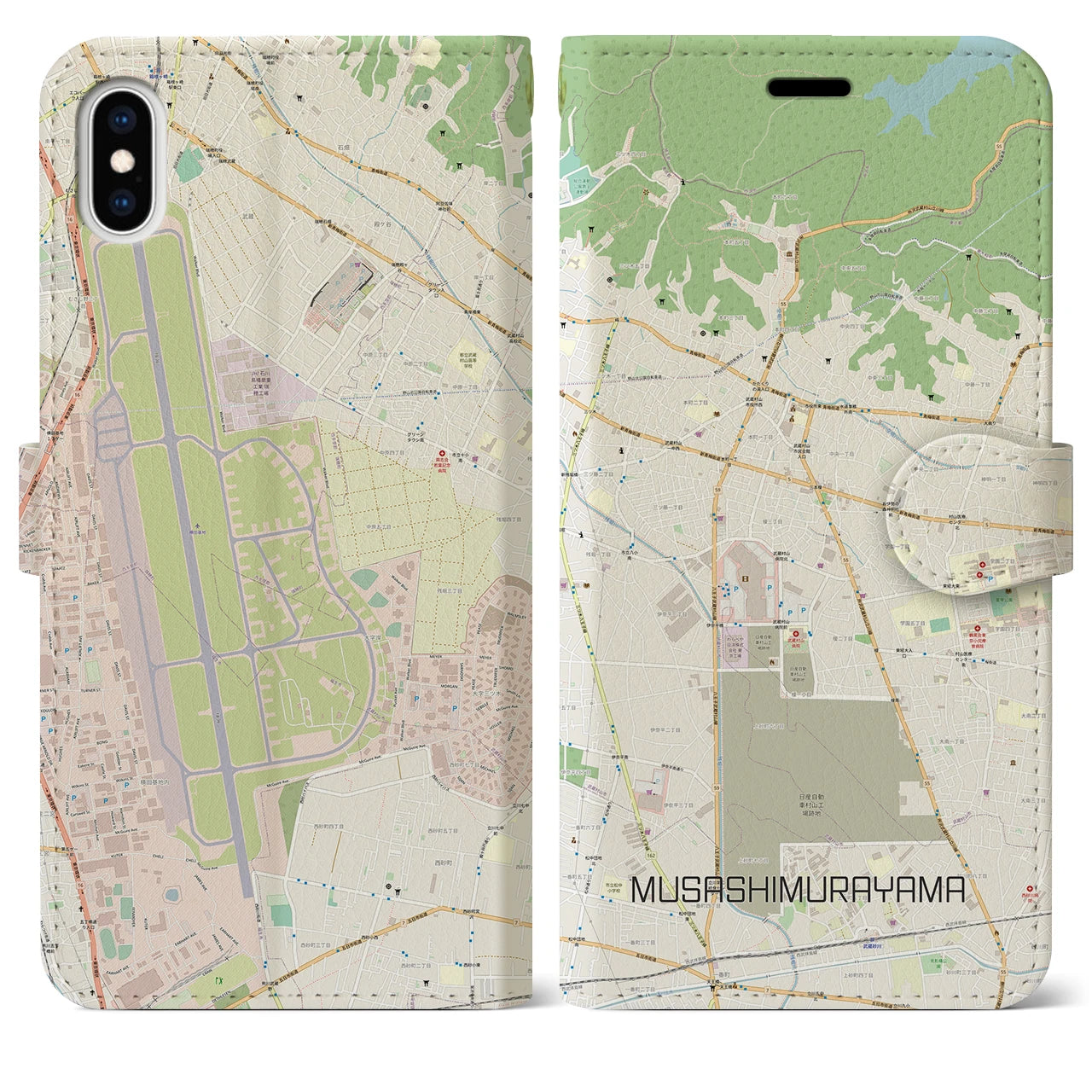【武蔵村山】地図柄iPhoneケース（手帳両面タイプ・ナチュラル）iPhone XS Max 用