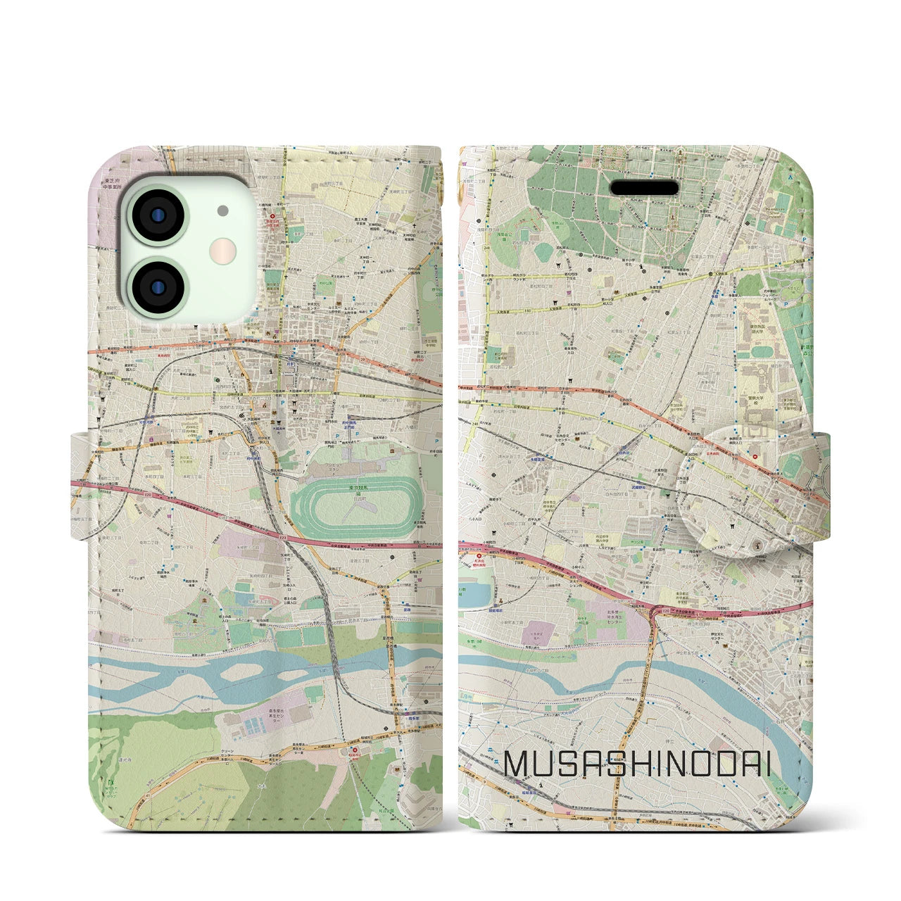 【武蔵野台】地図柄iPhoneケース（手帳両面タイプ・ナチュラル）iPhone 12 mini 用