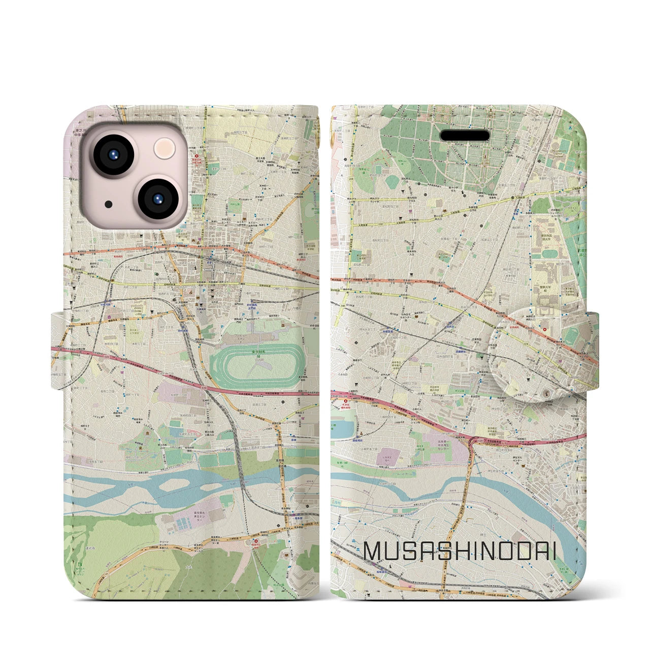 【武蔵野台】地図柄iPhoneケース（手帳両面タイプ・ナチュラル）iPhone 13 mini 用