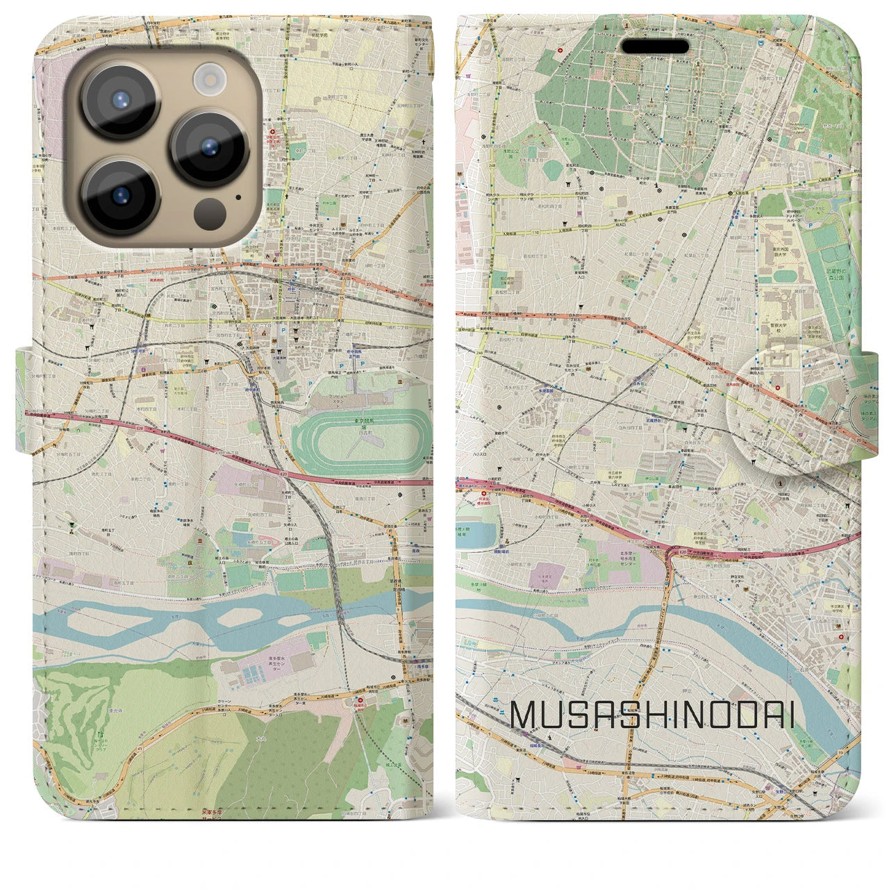 【武蔵野台】地図柄iPhoneケース（手帳両面タイプ・ナチュラル）iPhone 14 Pro Max 用