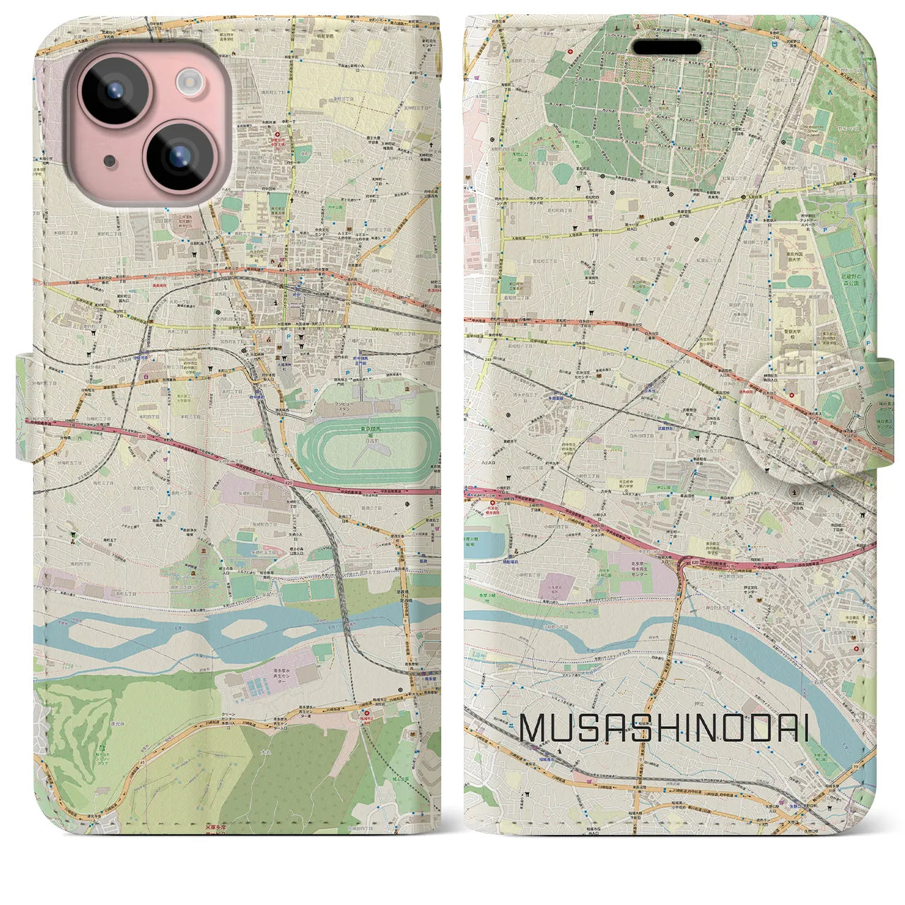 【武蔵野台】地図柄iPhoneケース（手帳両面タイプ・ナチュラル）iPhone 15 Plus 用