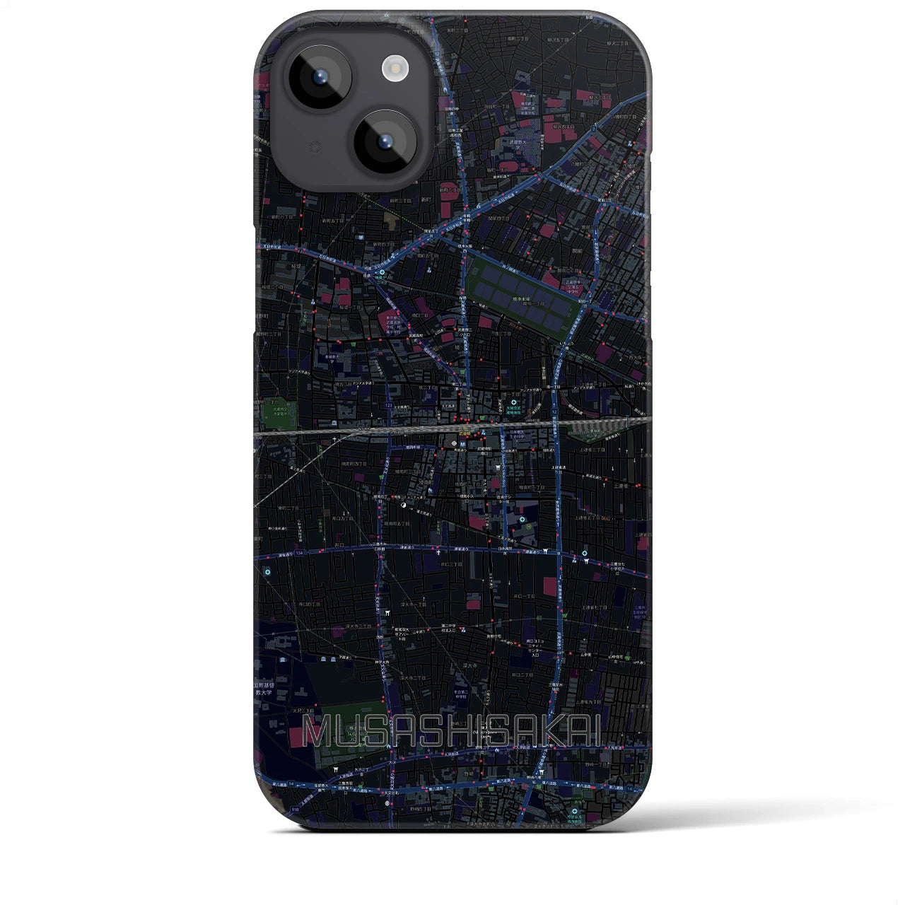 【武蔵境2】地図柄iPhoneケース（バックカバータイプ・ブラック）iPhone 14 Plus 用