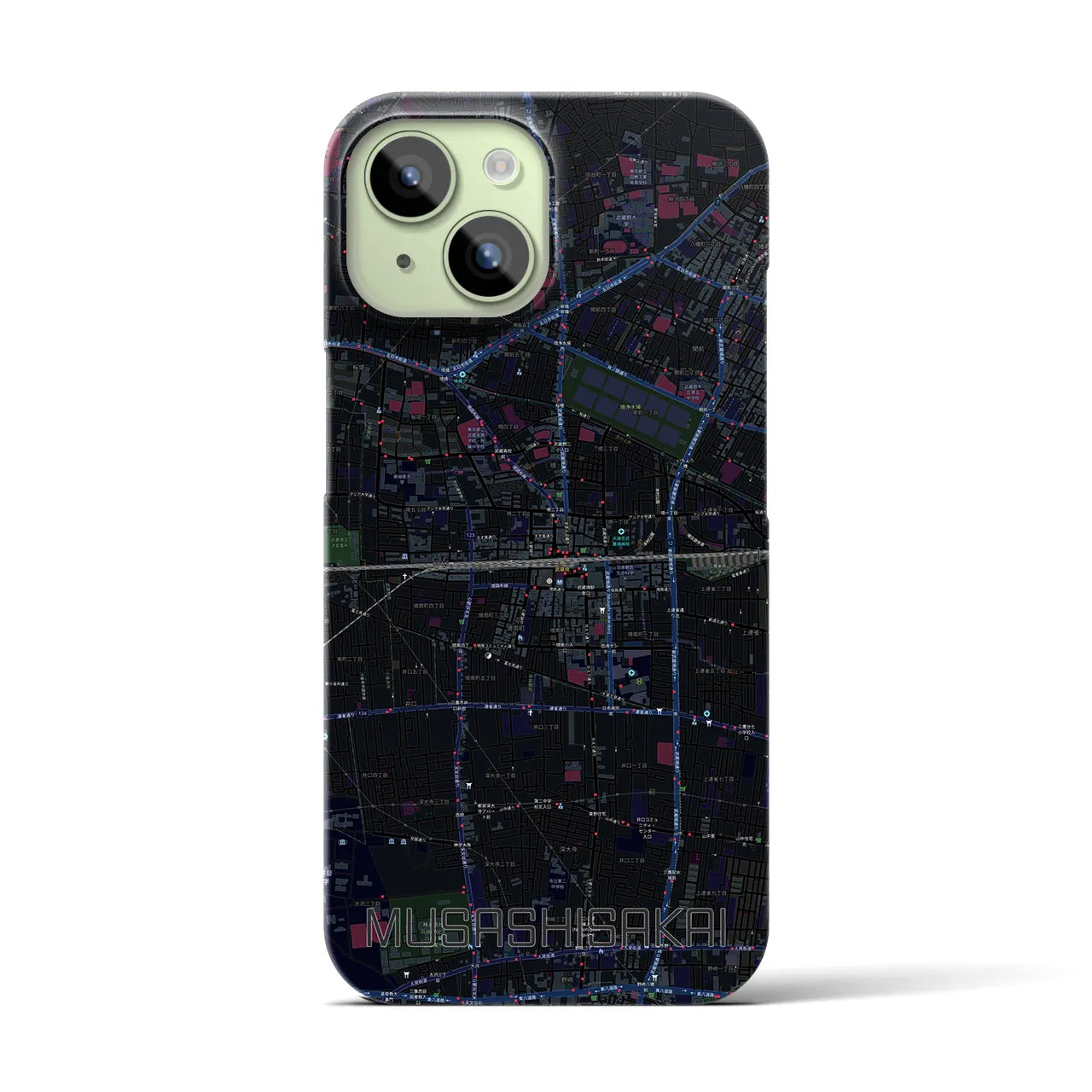 【武蔵境2】地図柄iPhoneケース（バックカバータイプ・ブラック）iPhone 15 用