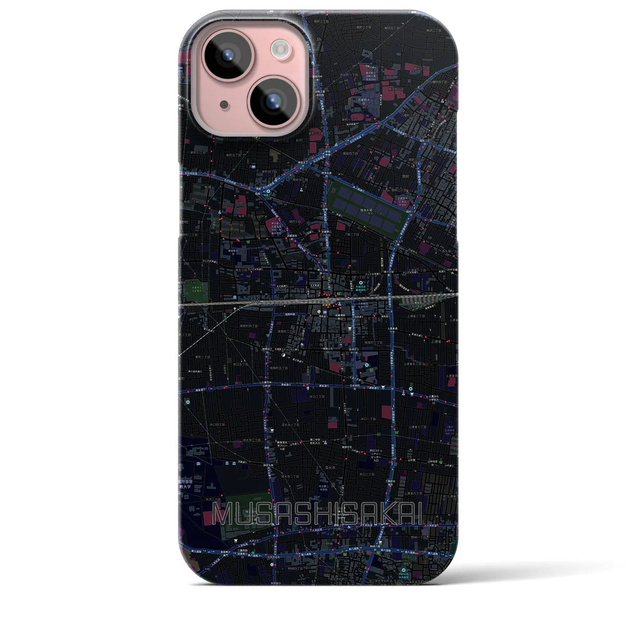 【武蔵境2】地図柄iPhoneケース（バックカバータイプ・ブラック）iPhone 15 Plus 用