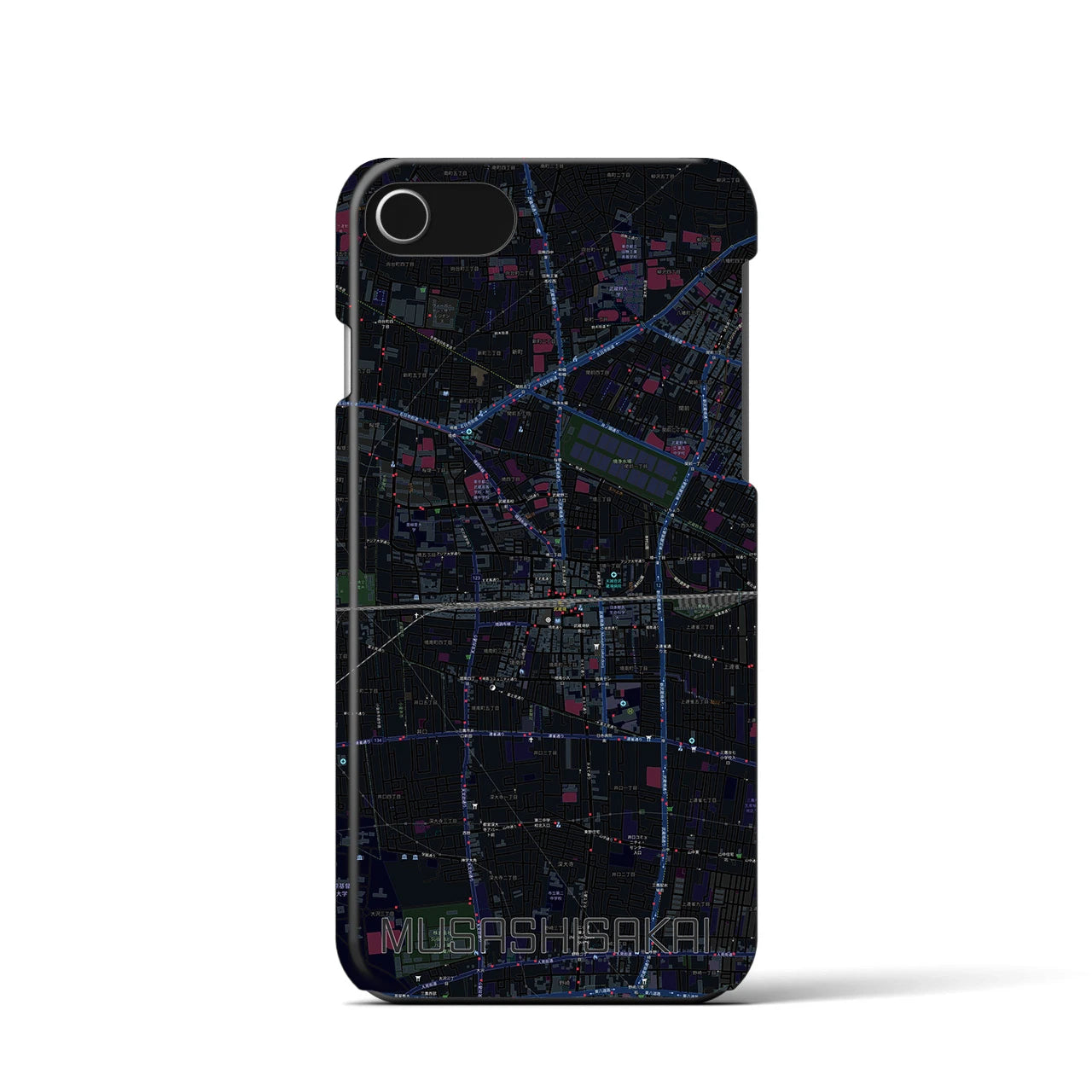 【武蔵境2】地図柄iPhoneケース（バックカバータイプ・ブラック）iPhone SE（第3 / 第2世代） / 8 / 7 / 6s / 6 用