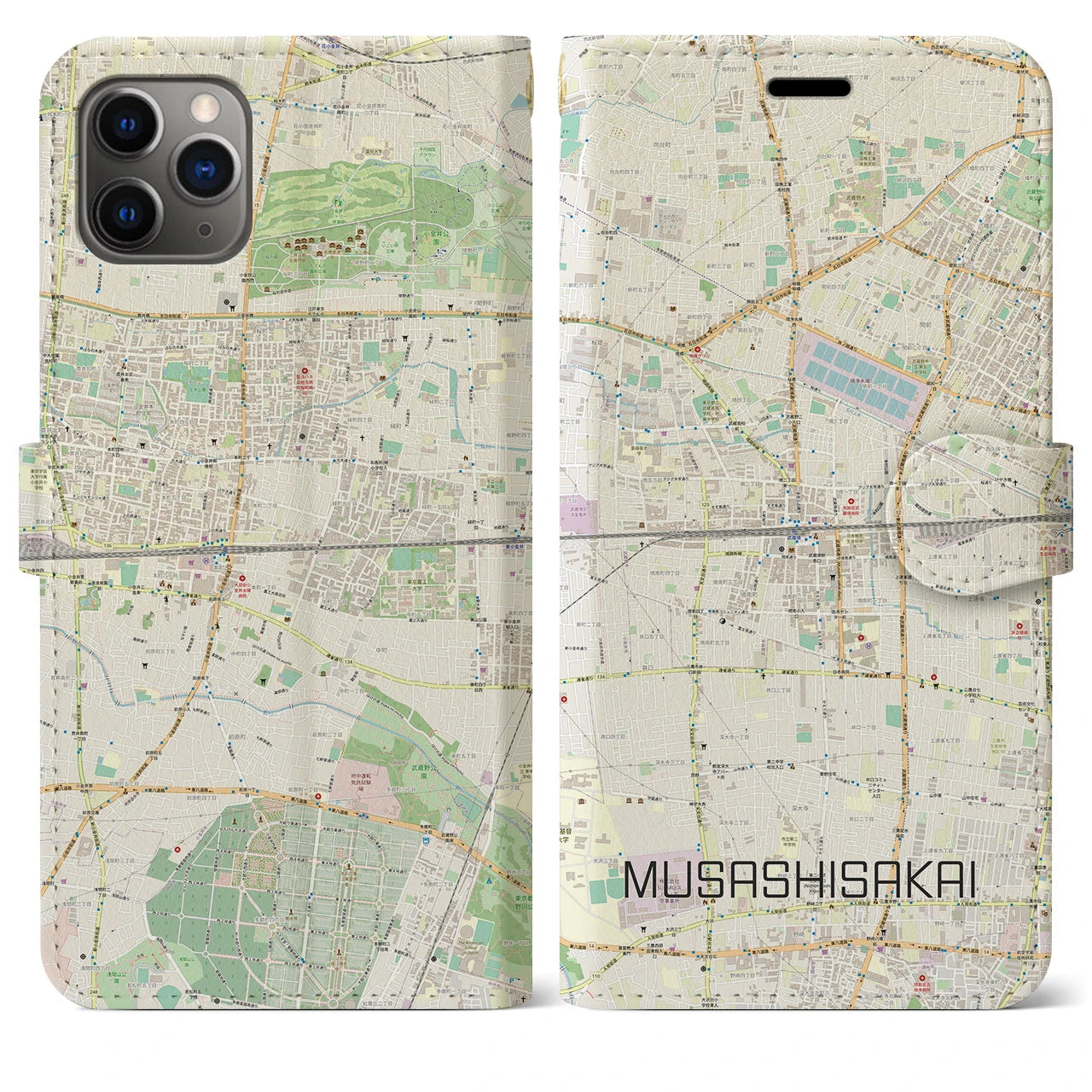 【武蔵境2】地図柄iPhoneケース（手帳両面タイプ・ナチュラル）iPhone 11 Pro Max 用