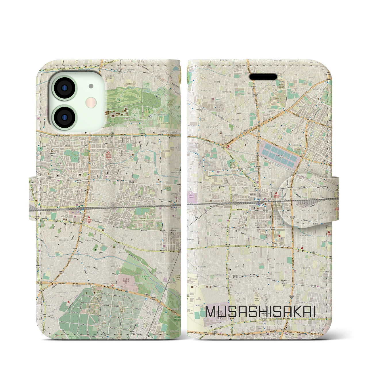 【武蔵境2】地図柄iPhoneケース（手帳両面タイプ・ナチュラル）iPhone 12 mini 用