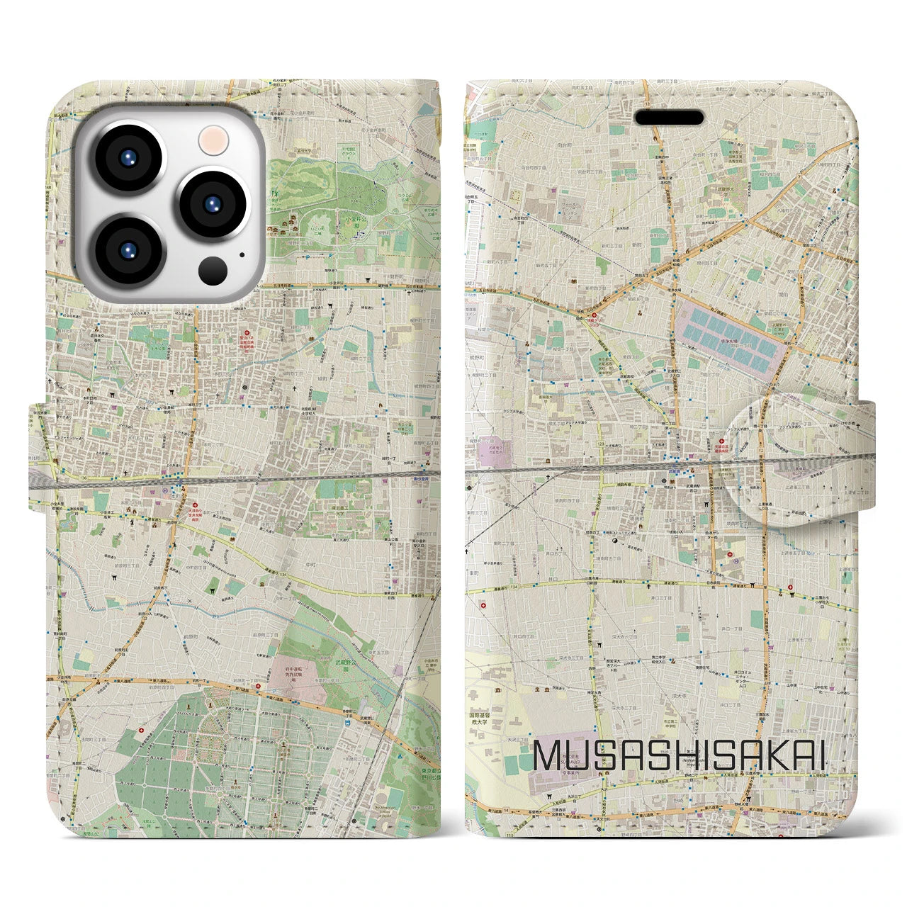【武蔵境2】地図柄iPhoneケース（手帳両面タイプ・ナチュラル）iPhone 13 Pro 用