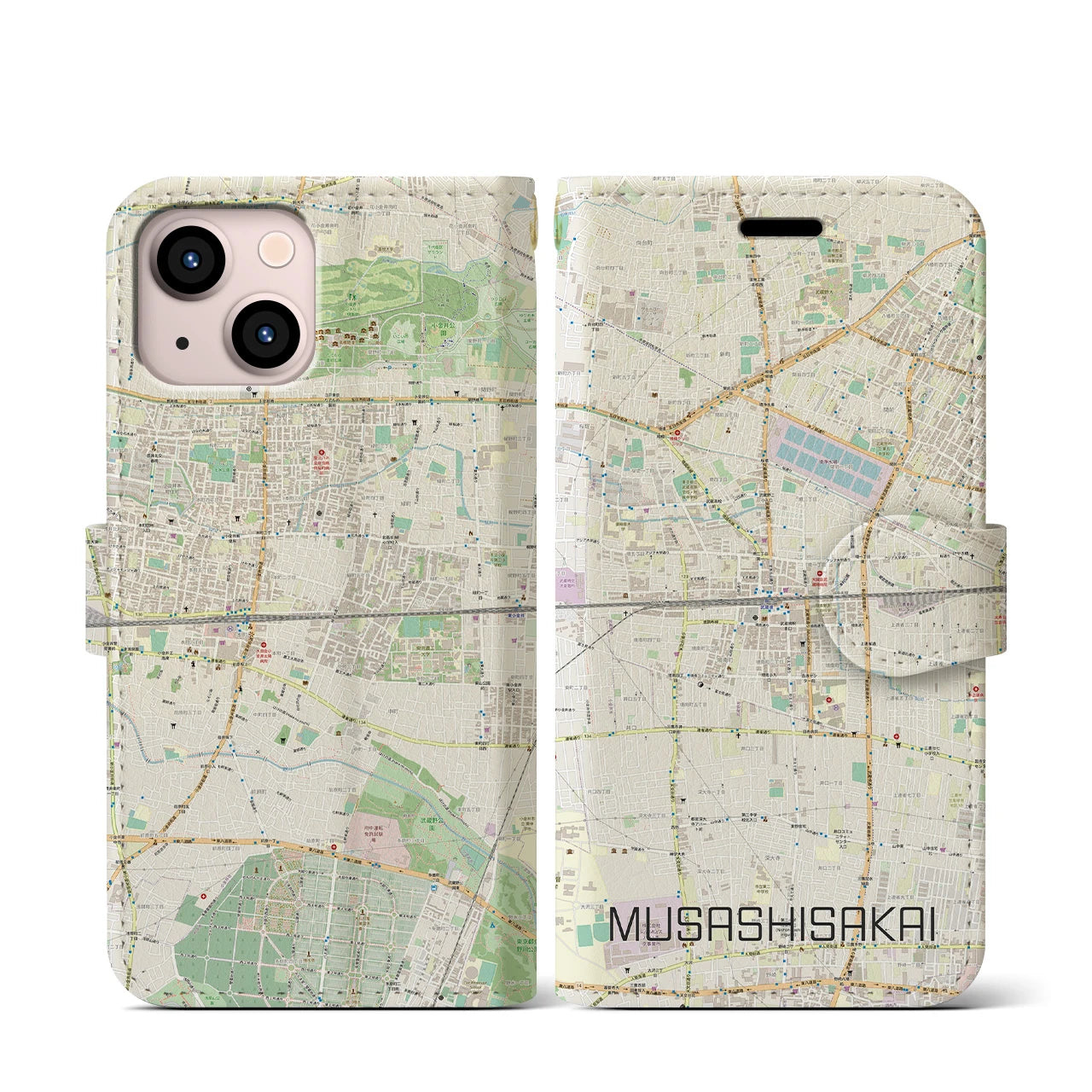 【武蔵境2】地図柄iPhoneケース（手帳両面タイプ・ナチュラル）iPhone 13 mini 用