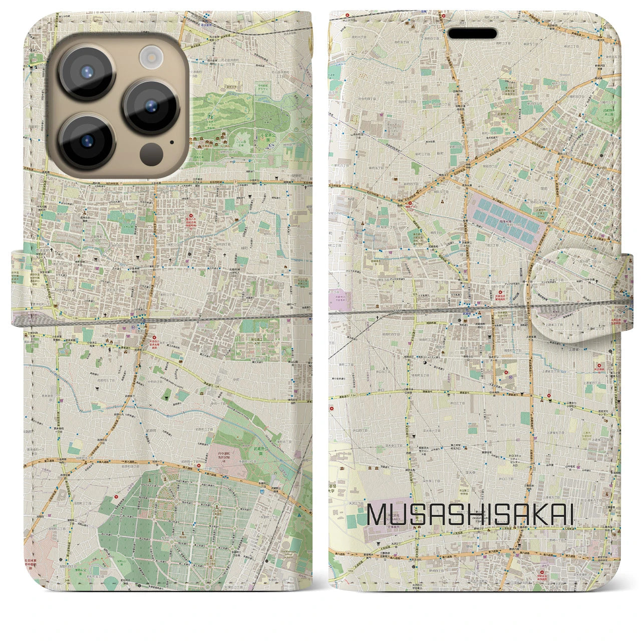 【武蔵境2】地図柄iPhoneケース（手帳両面タイプ・ナチュラル）iPhone 14 Pro Max 用