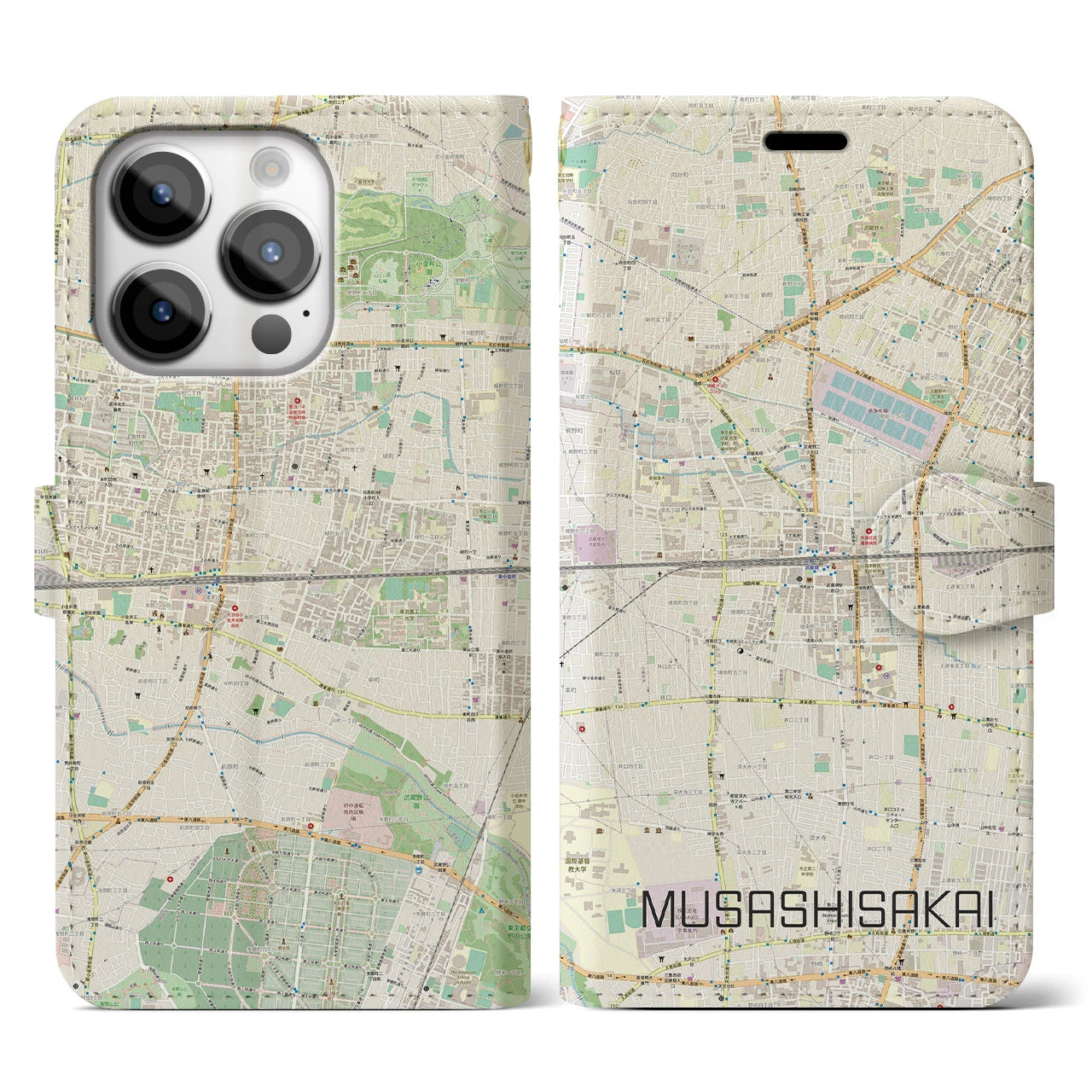 【武蔵境2】地図柄iPhoneケース（手帳両面タイプ・ナチュラル）iPhone 14 Pro 用