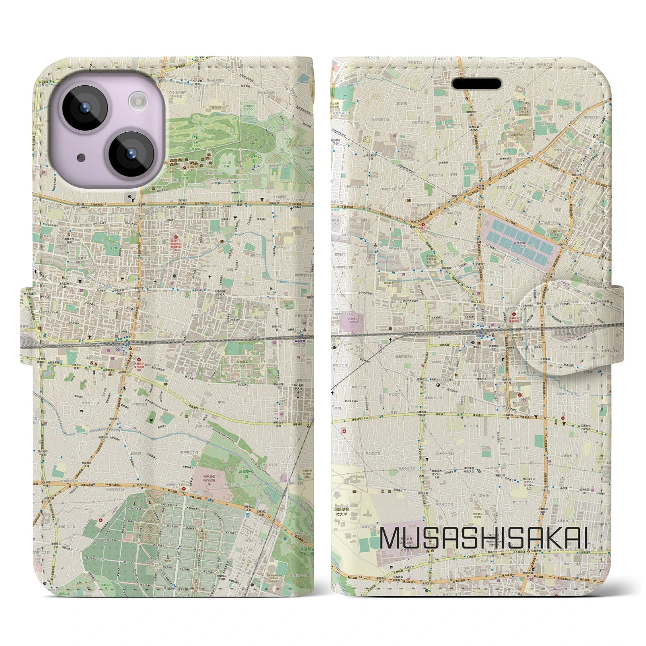 【武蔵境2】地図柄iPhoneケース（手帳両面タイプ・ナチュラル）iPhone 14 用