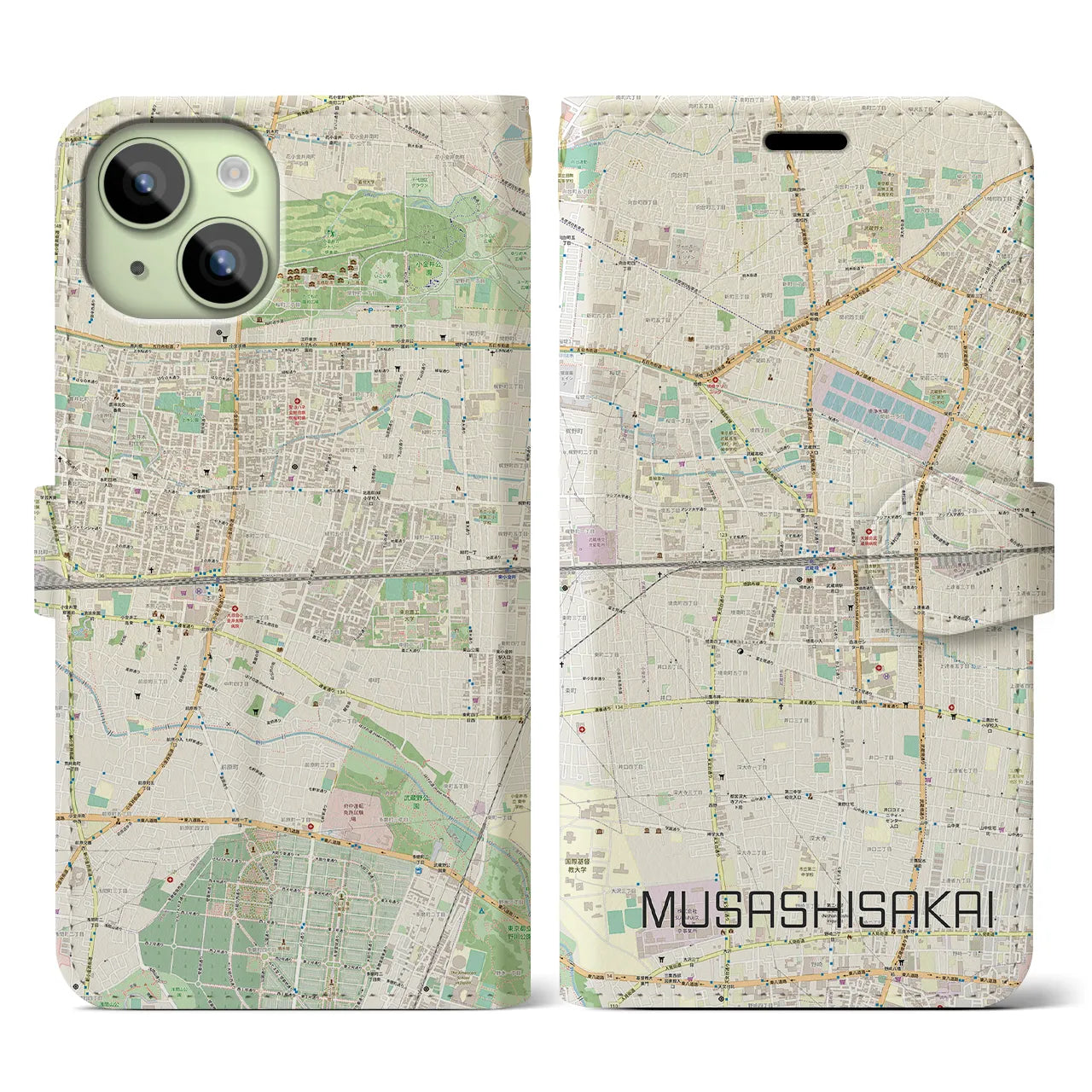 【武蔵境2】地図柄iPhoneケース（手帳両面タイプ・ナチュラル）iPhone 15 用