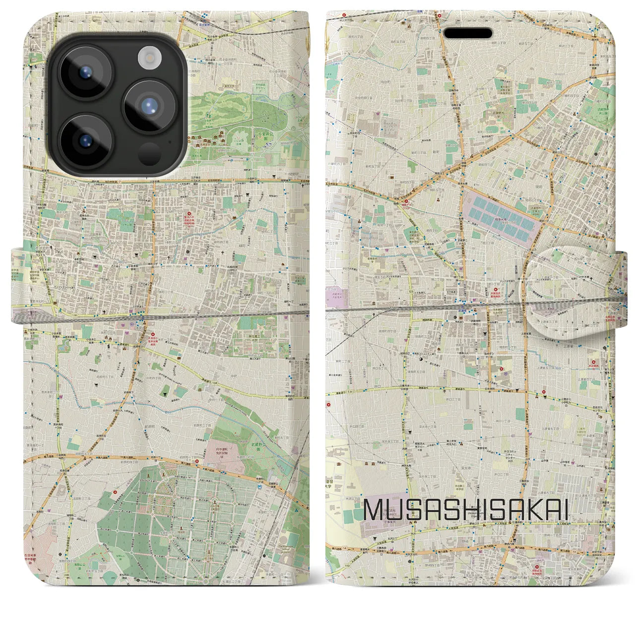 【武蔵境2】地図柄iPhoneケース（手帳両面タイプ・ナチュラル）iPhone 15 Pro Max 用