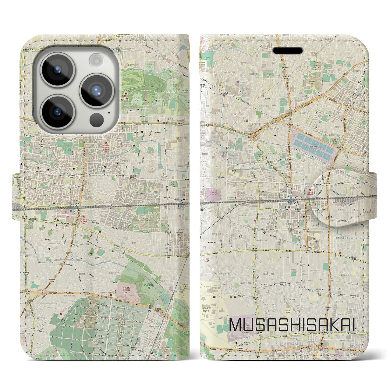 【武蔵境2】地図柄iPhoneケース（手帳両面タイプ・ナチュラル）iPhone 15 Pro 用