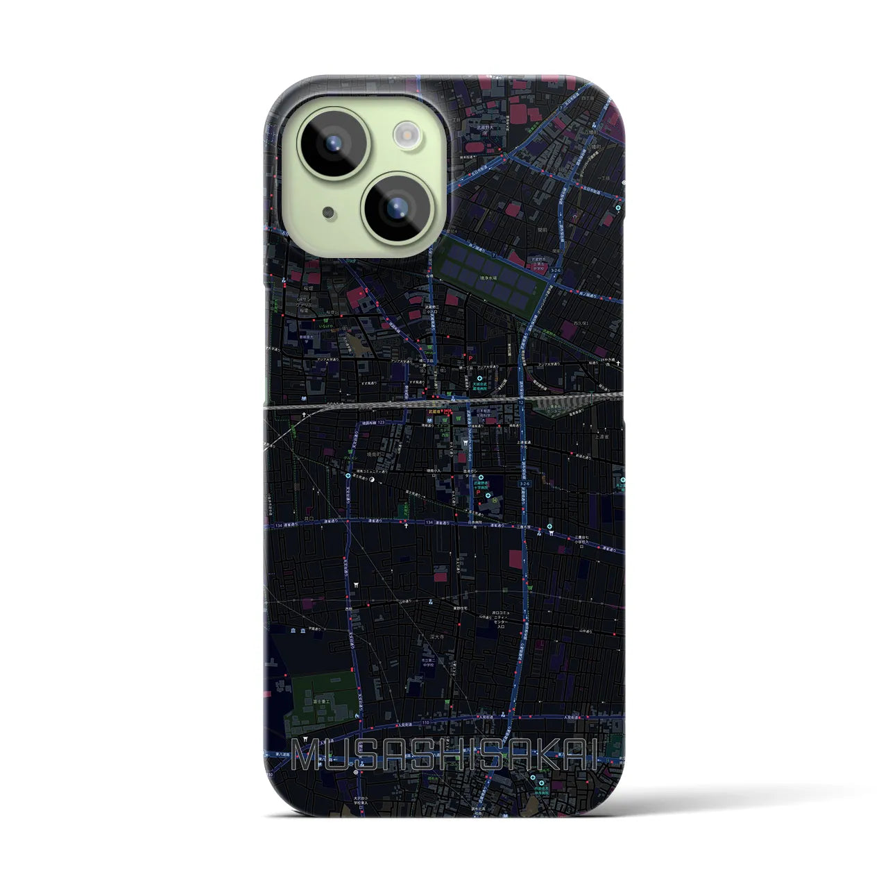 【武蔵境】地図柄iPhoneケース（バックカバータイプ・ブラック）iPhone 15 用