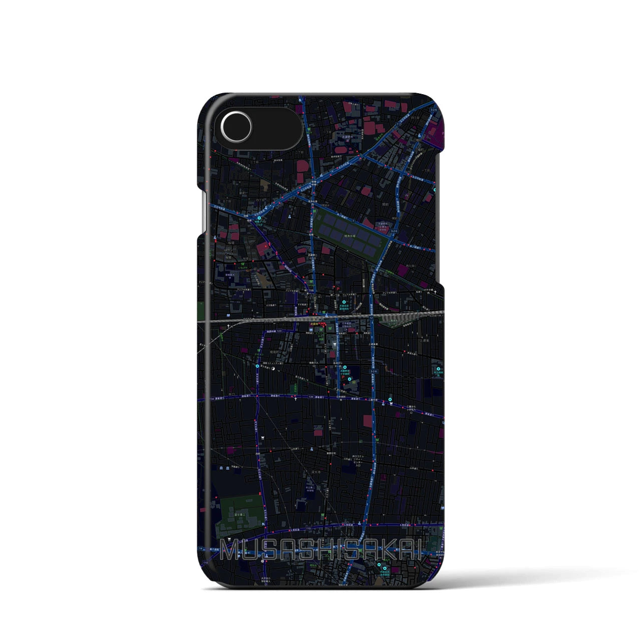 【武蔵境】地図柄iPhoneケース（バックカバータイプ・ブラック）iPhone SE（第3 / 第2世代） / 8 / 7 / 6s / 6 用