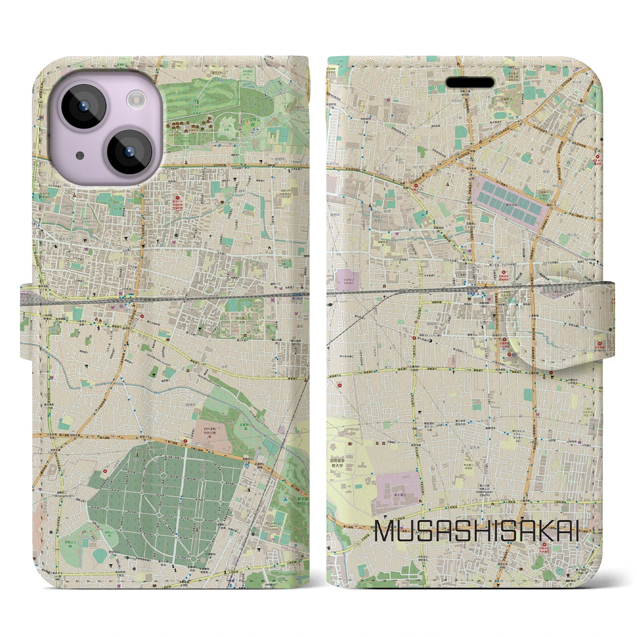 【武蔵境】地図柄iPhoneケース（手帳両面タイプ・ナチュラル）iPhone 14 用