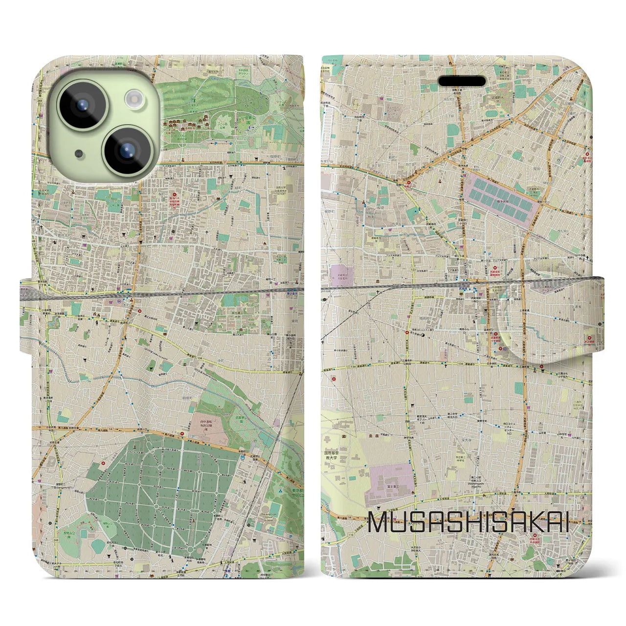 【武蔵境】地図柄iPhoneケース（手帳両面タイプ・ナチュラル）iPhone 15 用