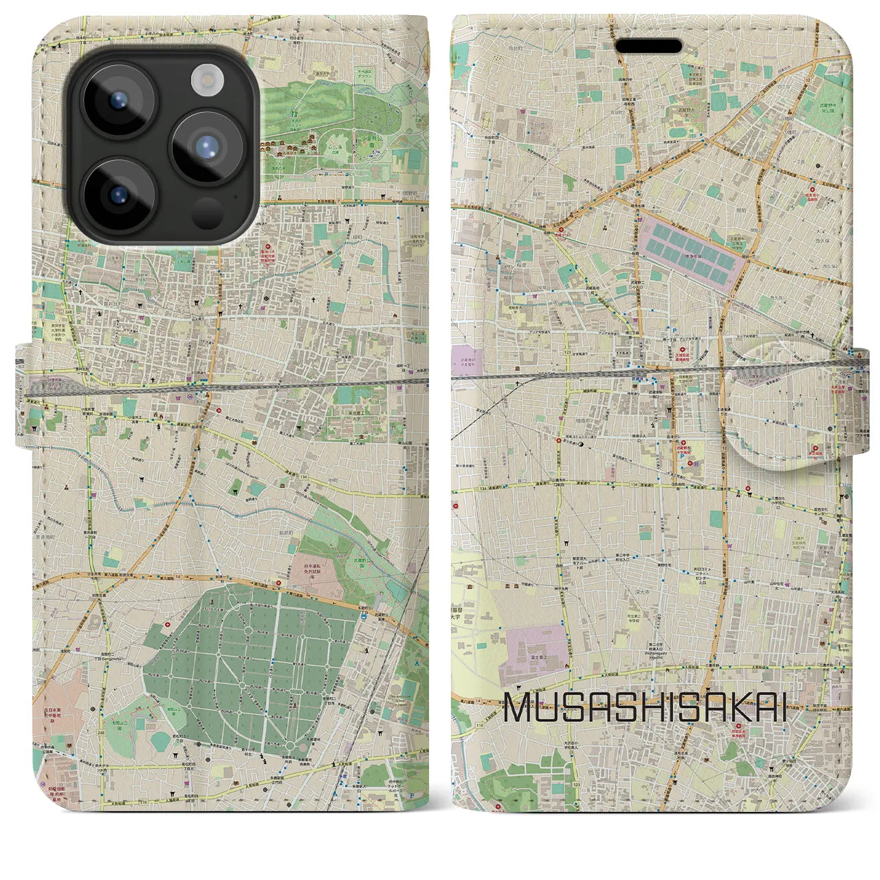 【武蔵境】地図柄iPhoneケース（手帳両面タイプ・ナチュラル）iPhone 15 Pro Max 用