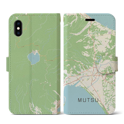 【むつ（青森県）】地図柄iPhoneケース（手帳タイプ）ナチュラル・iPhone XS / X 用