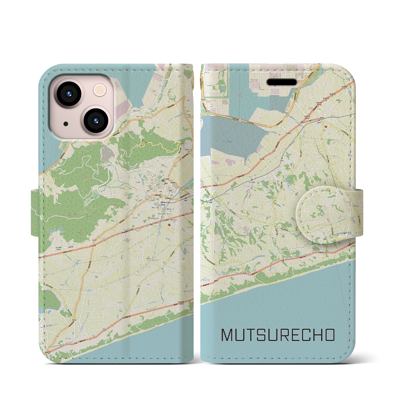 【六連町】地図柄iPhoneケース（手帳両面タイプ・ナチュラル）iPhone 13 mini 用
