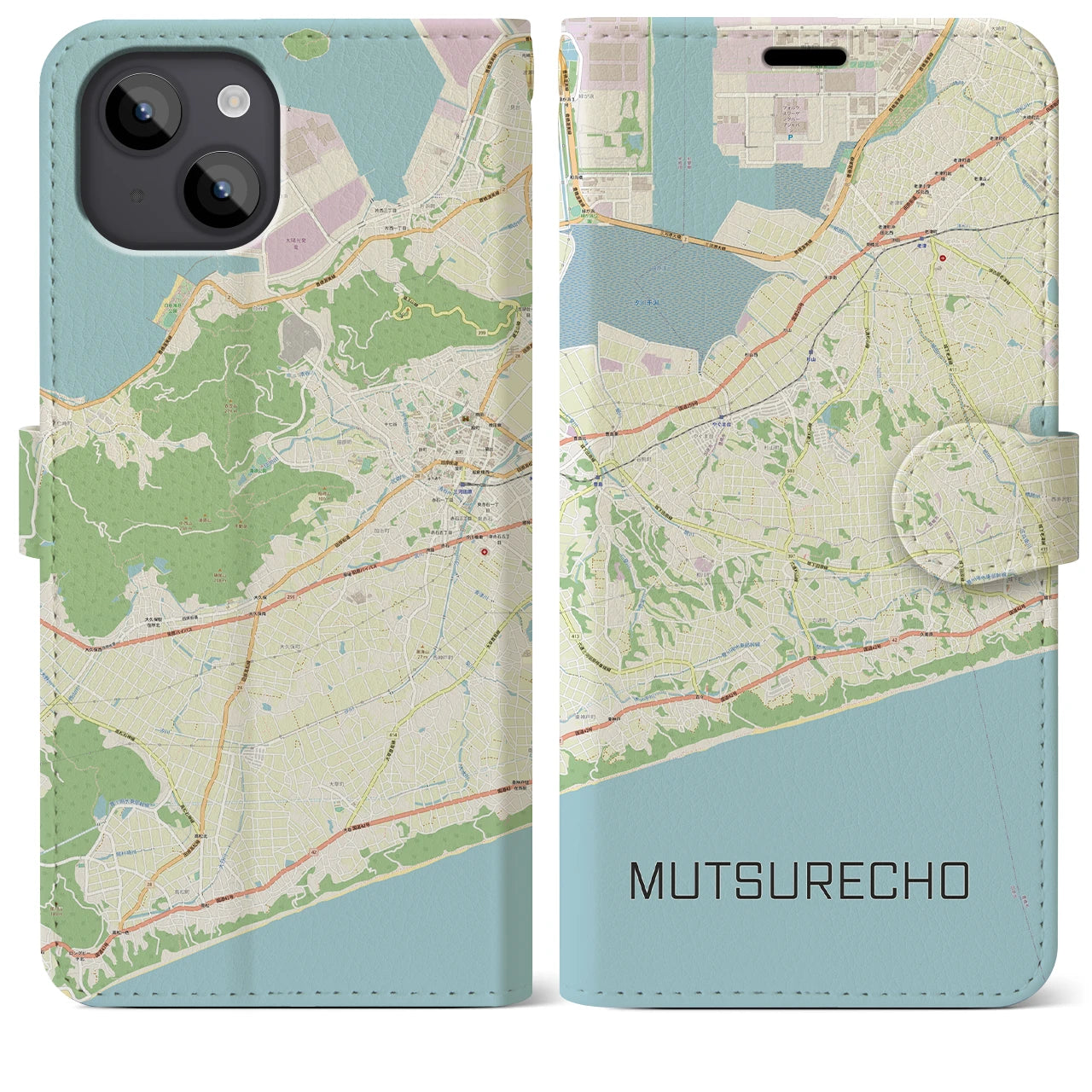 【六連町】地図柄iPhoneケース（手帳両面タイプ・ナチュラル）iPhone 14 Plus 用