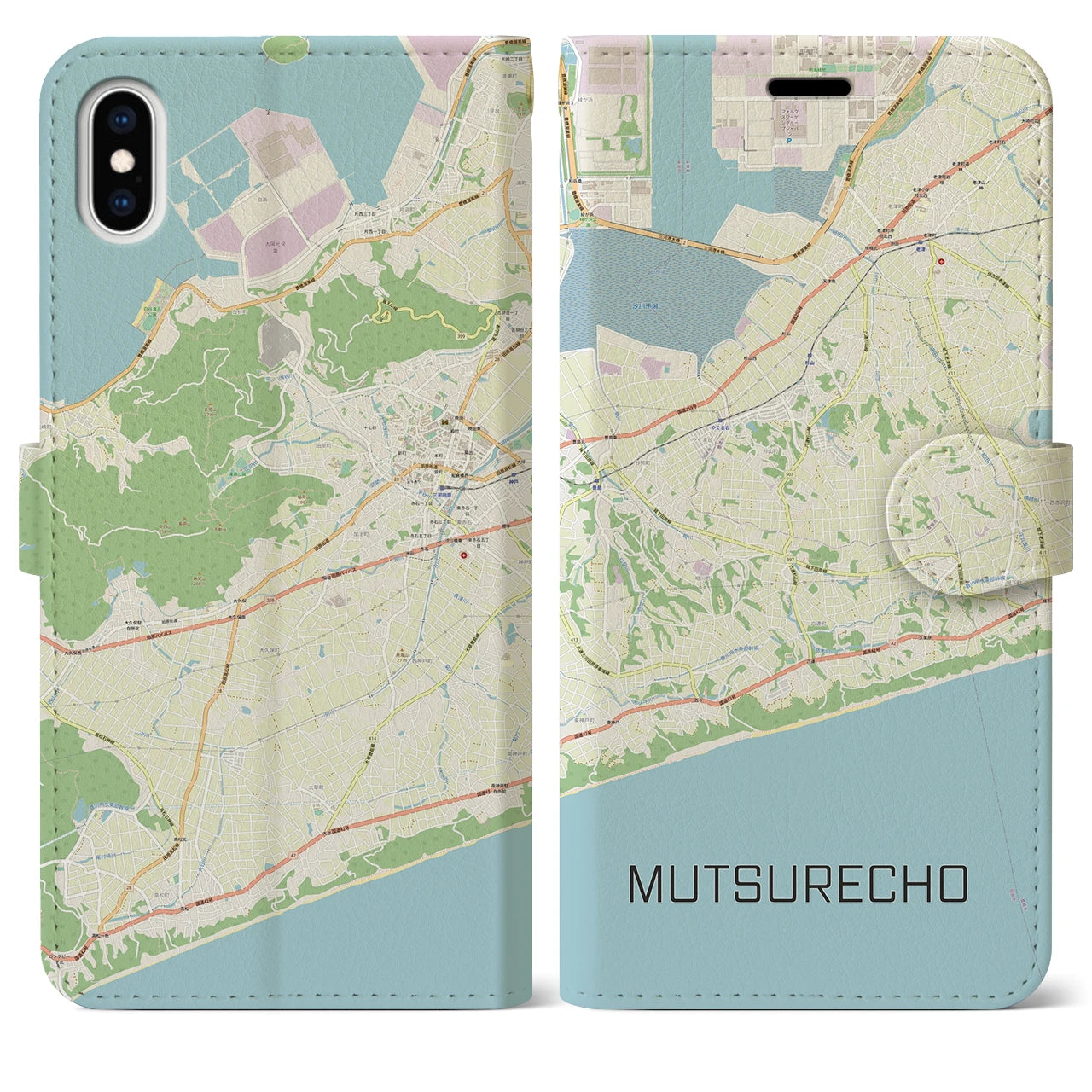 【六連町】地図柄iPhoneケース（手帳両面タイプ・ナチュラル）iPhone XS Max 用