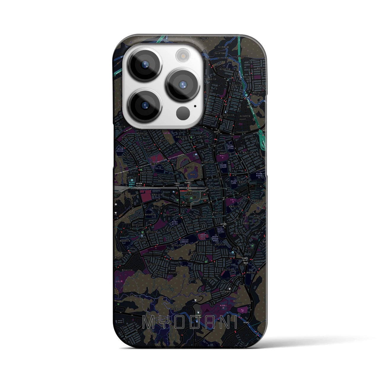 【名谷】地図柄iPhoneケース（バックカバータイプ・ブラック）iPhone 14 Pro 用