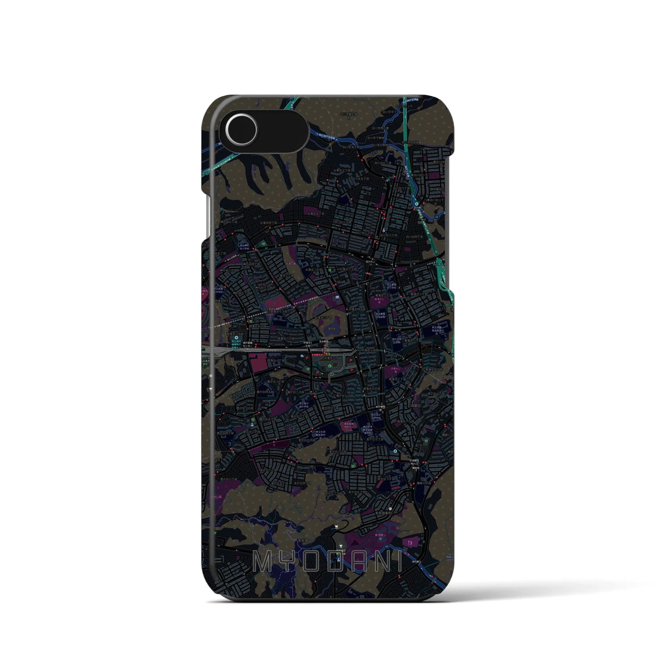 【名谷】地図柄iPhoneケース（バックカバータイプ・ブラック）iPhone SE（第3 / 第2世代） / 8 / 7 / 6s / 6 用