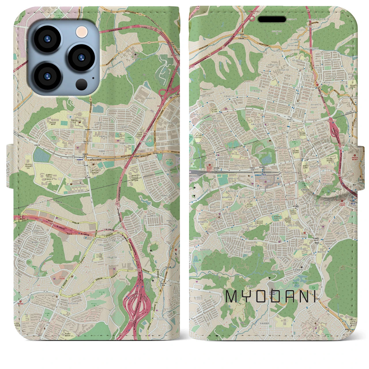 【名谷】地図柄iPhoneケース（手帳両面タイプ・ナチュラル）iPhone 13 Pro Max 用