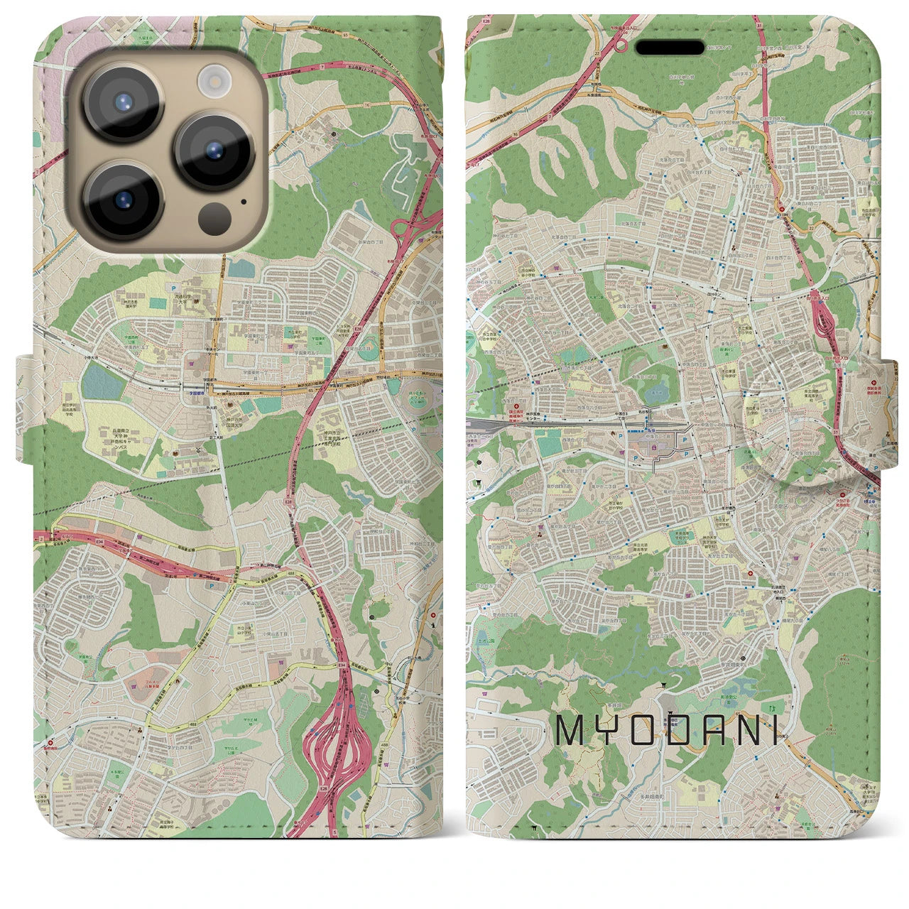 【名谷】地図柄iPhoneケース（手帳両面タイプ・ナチュラル）iPhone 14 Pro Max 用