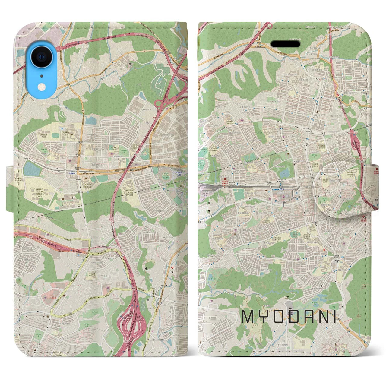 【名谷】地図柄iPhoneケース（手帳両面タイプ・ナチュラル）iPhone XR 用