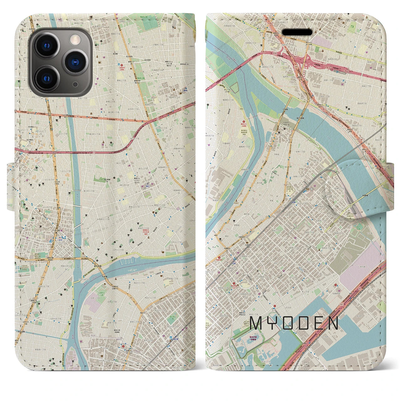 【妙典】地図柄iPhoneケース（手帳両面タイプ・ナチュラル）iPhone 11 Pro Max 用