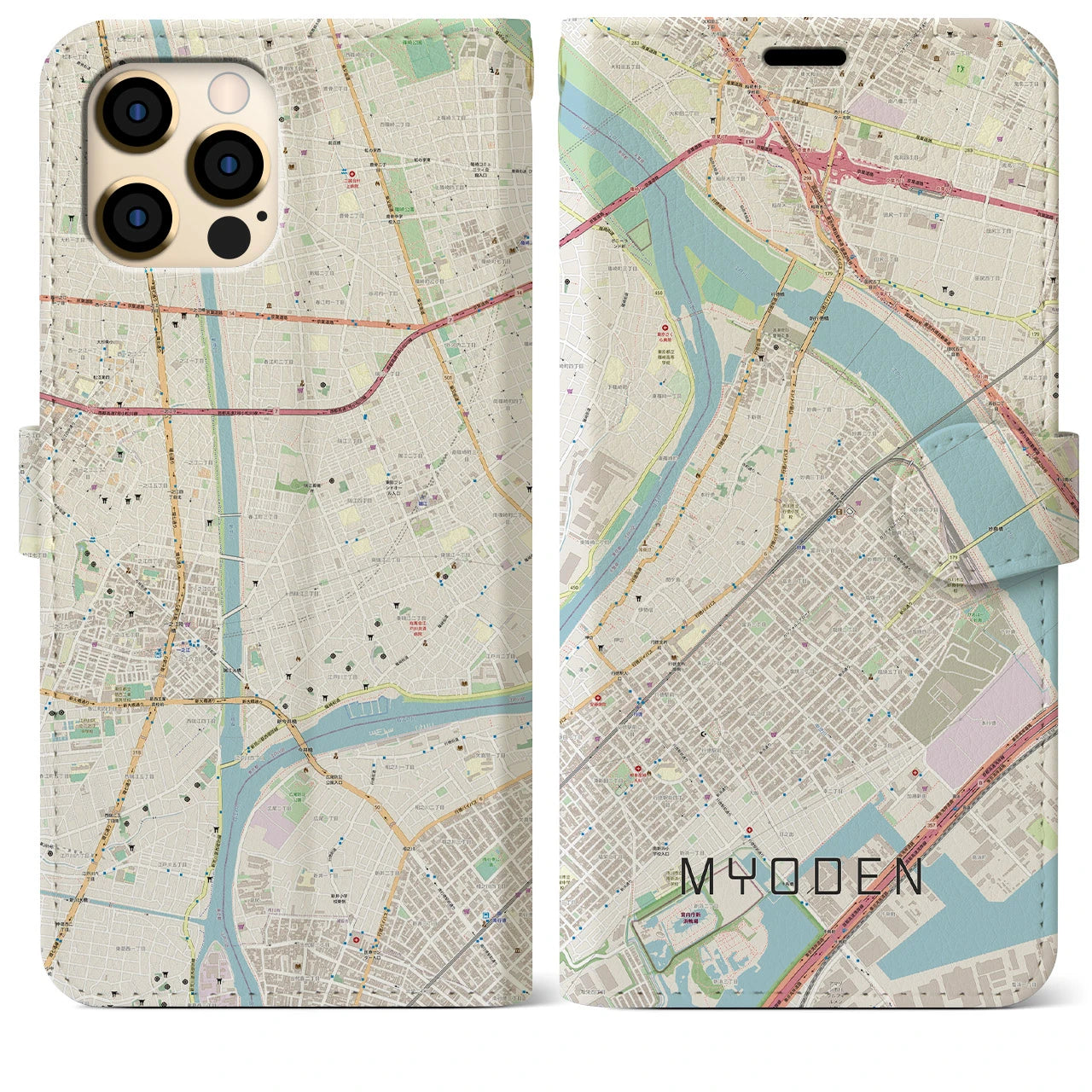 【妙典】地図柄iPhoneケース（手帳両面タイプ・ナチュラル）iPhone 12 Pro Max 用