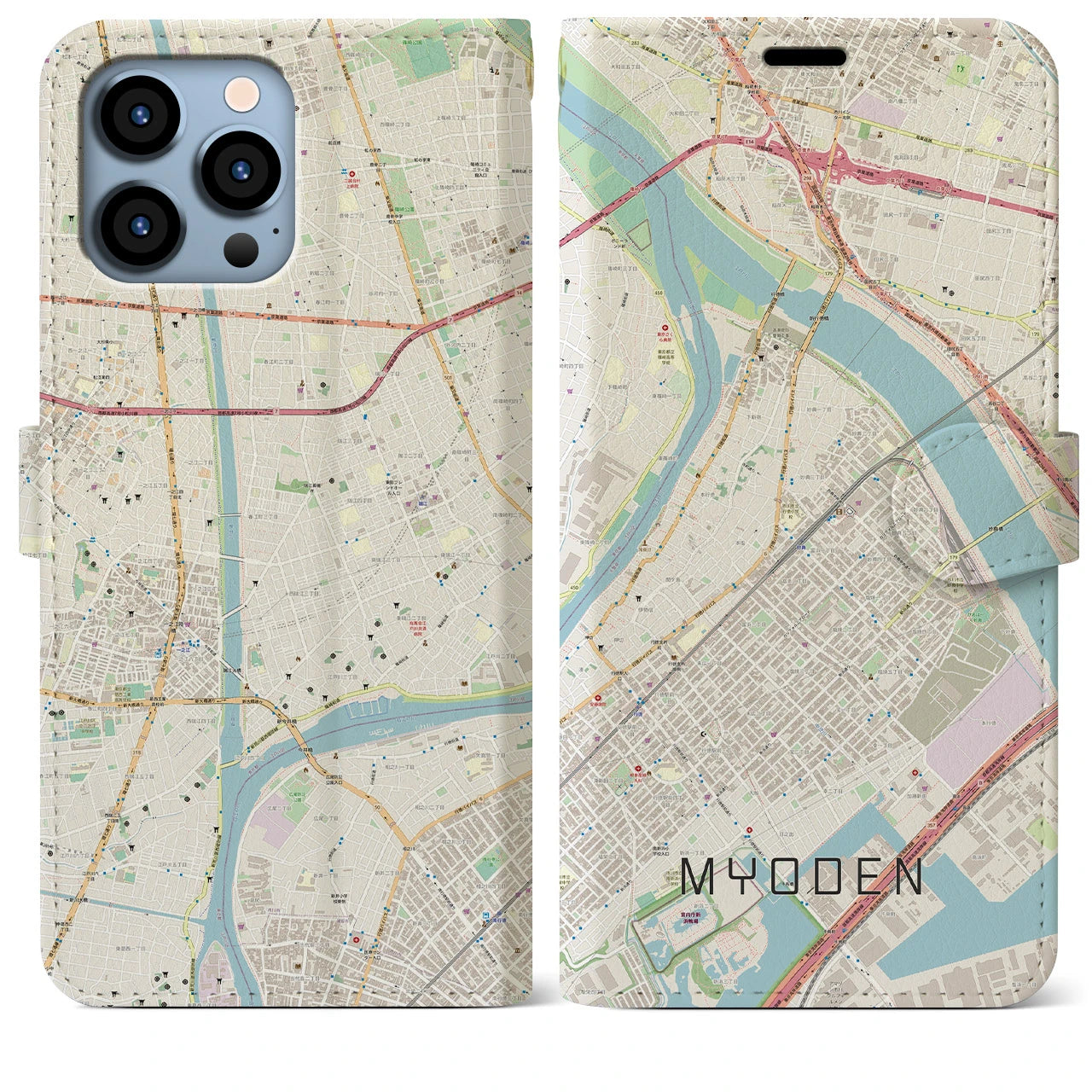 【妙典】地図柄iPhoneケース（手帳両面タイプ・ナチュラル）iPhone 13 Pro Max 用