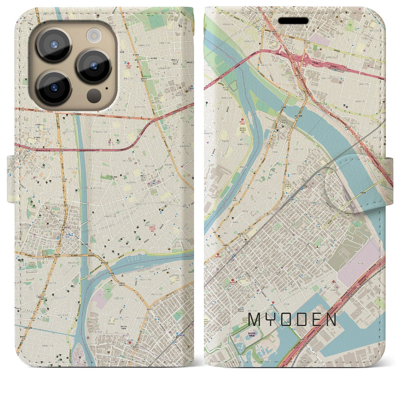 【妙典】地図柄iPhoneケース（手帳両面タイプ・ナチュラル）iPhone 14 Pro Max 用