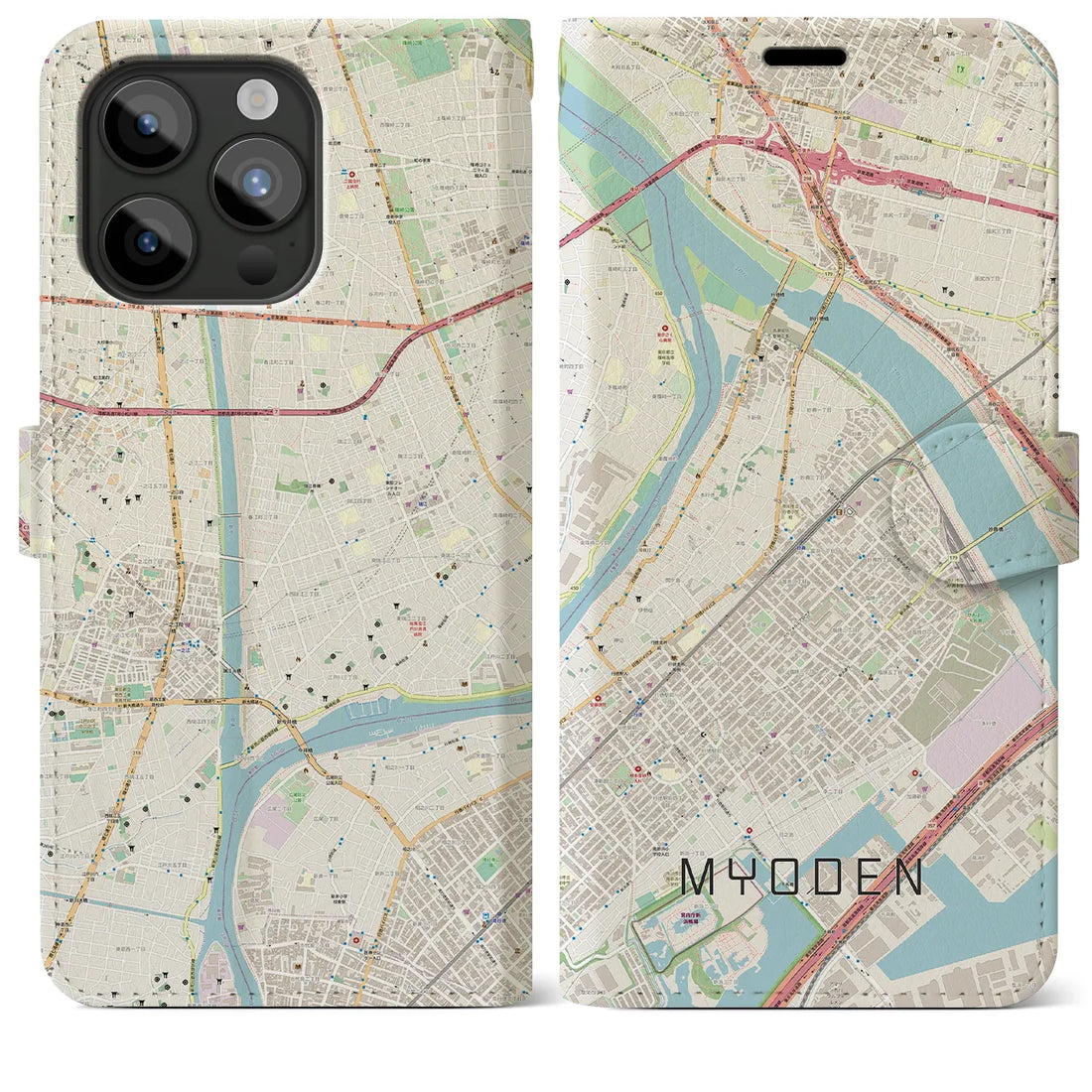 【妙典】地図柄iPhoneケース（手帳両面タイプ・ナチュラル）iPhone 15 Pro Max 用