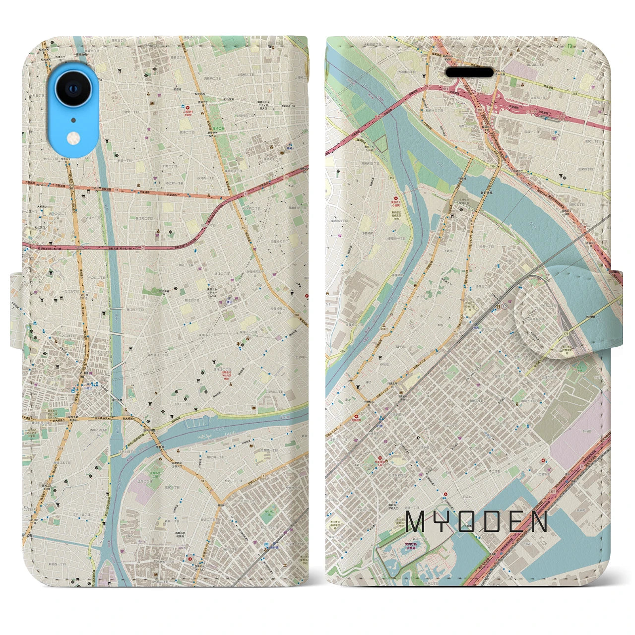 【妙典】地図柄iPhoneケース（手帳両面タイプ・ナチュラル）iPhone XR 用
